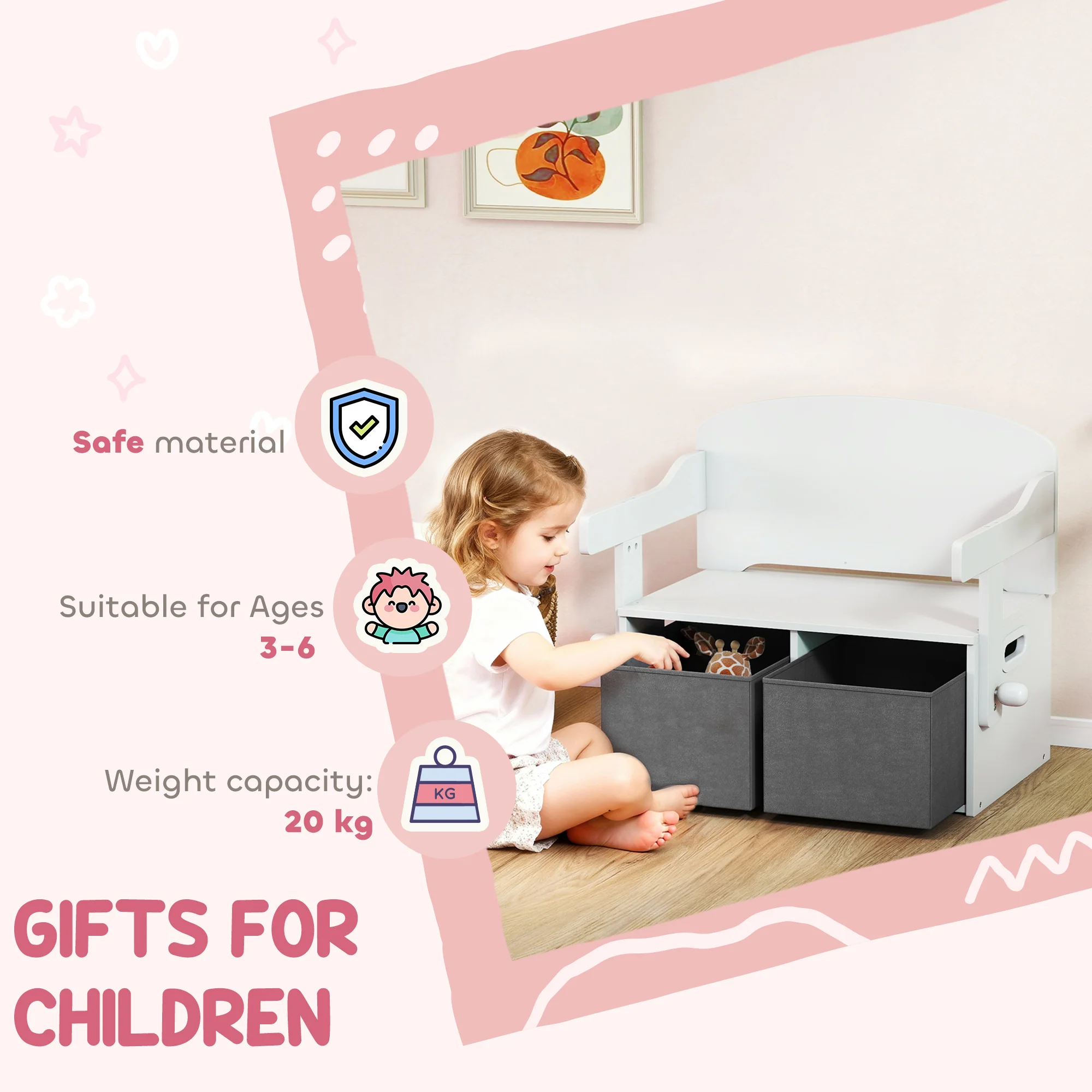 AIYAPLAY 3 in 1 Kids Storage Bench, Toddler Table and Chair Set, White - Image 7