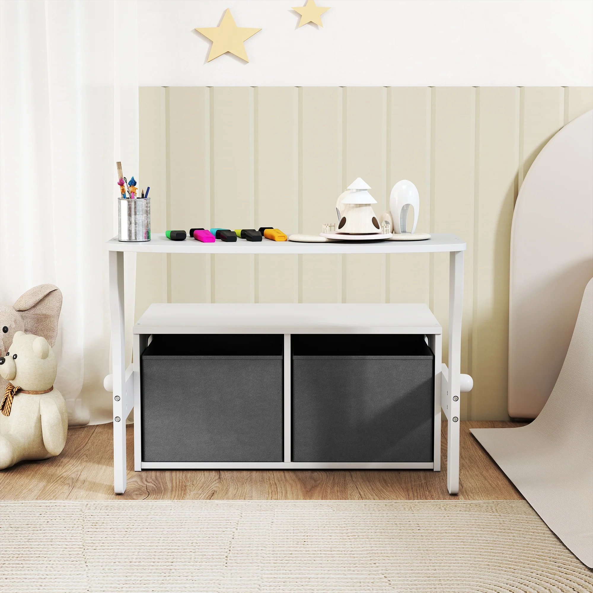 AIYAPLAY 3 in 1 Kids Storage Bench, Toddler Table and Chair Set, White - Image 8