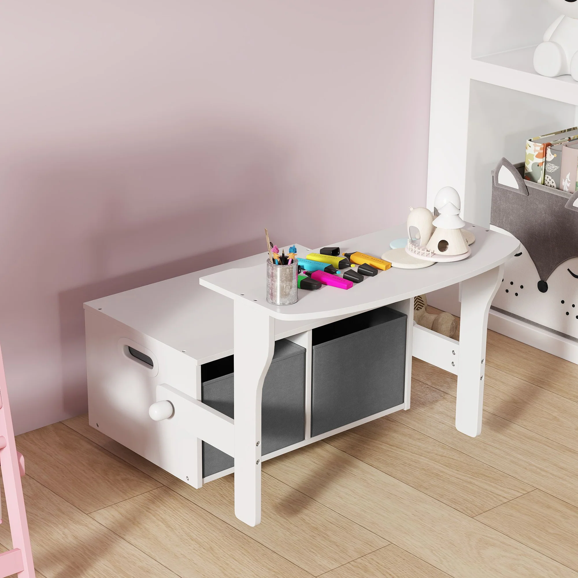 AIYAPLAY 3 in 1 Kids Storage Bench, Toddler Table and Chair Set, White - Image 9