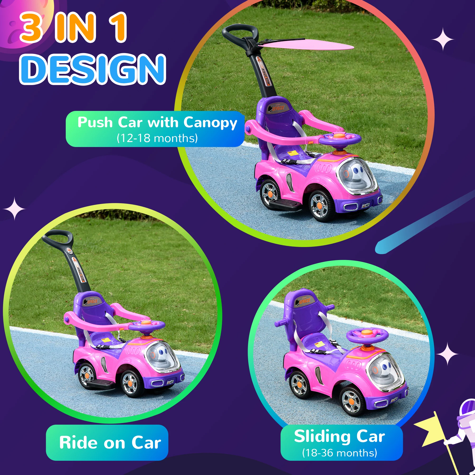 AIYAPLAY 3 In 1 Ride On Push Car, Cartoon Robot Foot To Floor Slider - Pink - Image 4