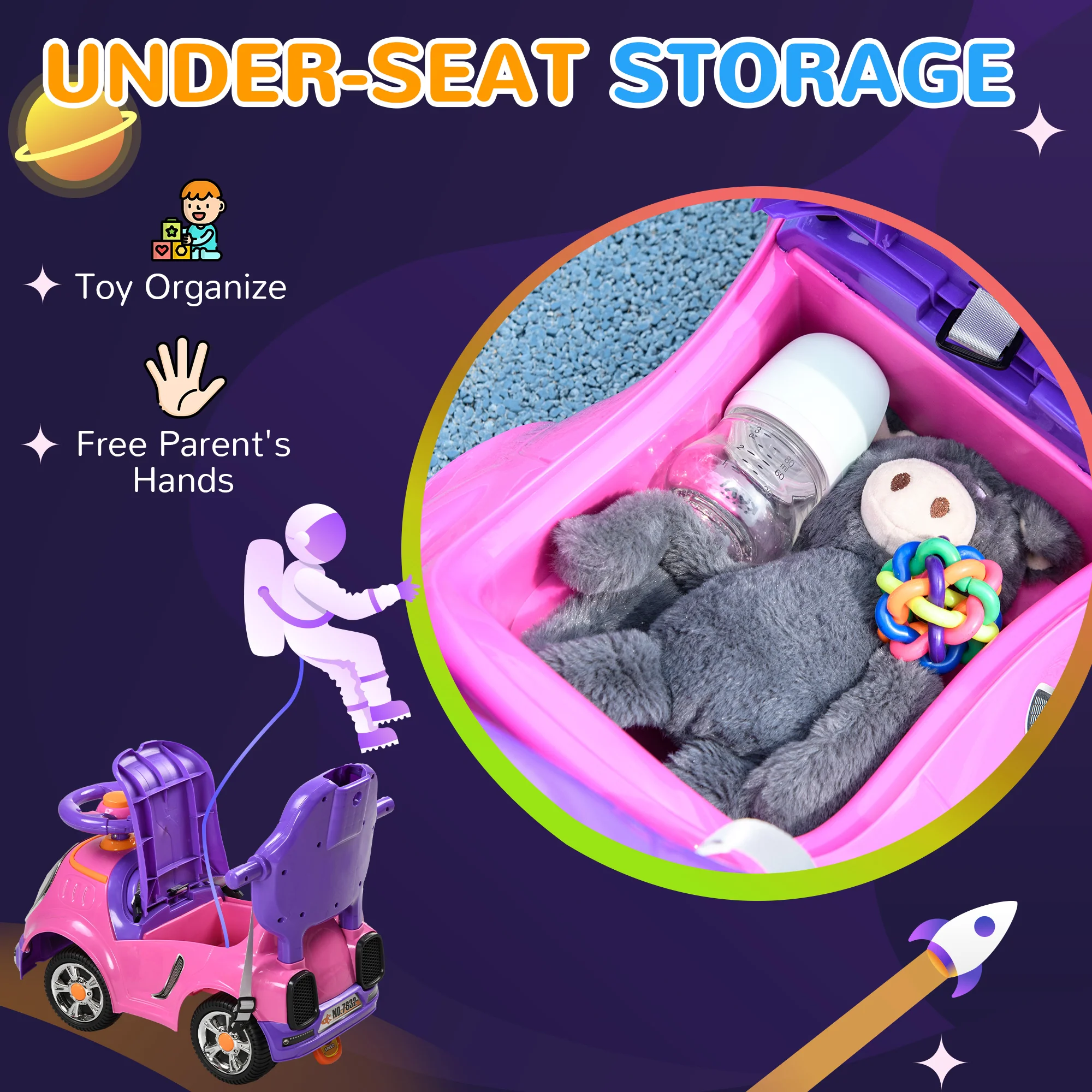 AIYAPLAY 3 In 1 Ride On Push Car, Cartoon Robot Foot To Floor Slider - Pink - Image 9