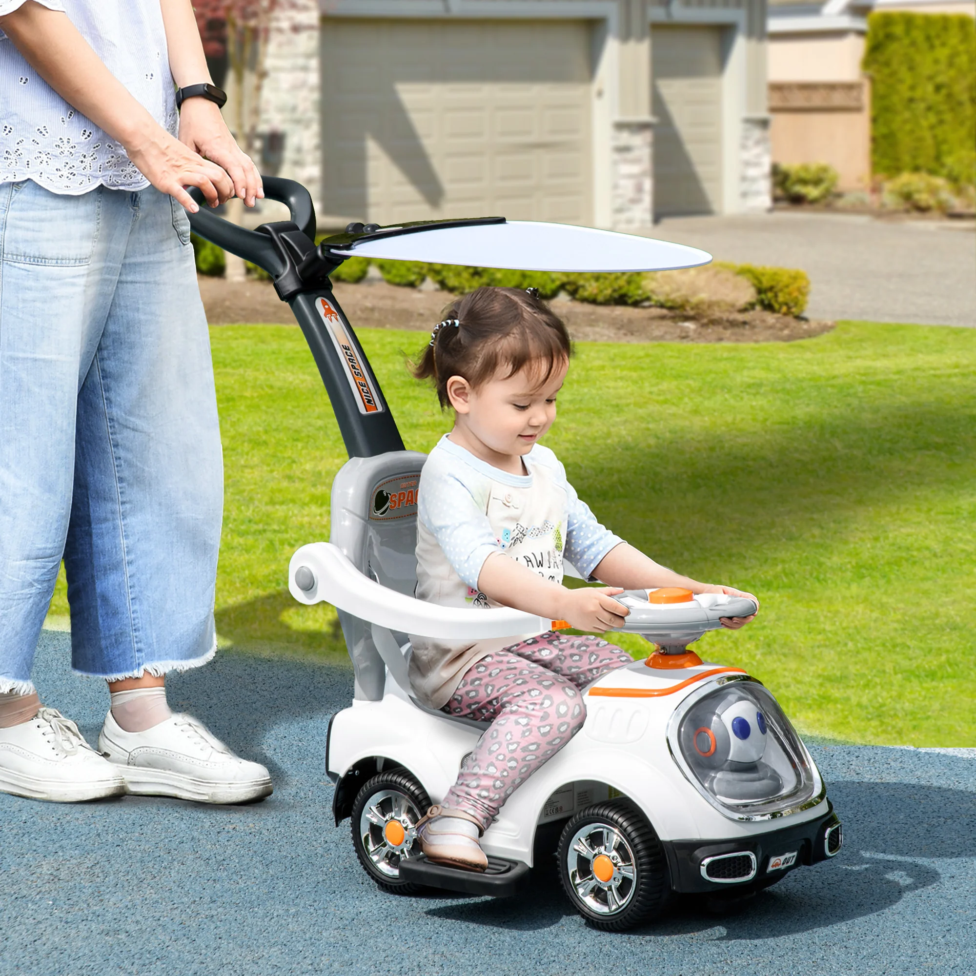 AIYAPLAY 3 in 1 Ride on Push Car, Cartoon Robot Foot to Floor Slider - White - Image 2