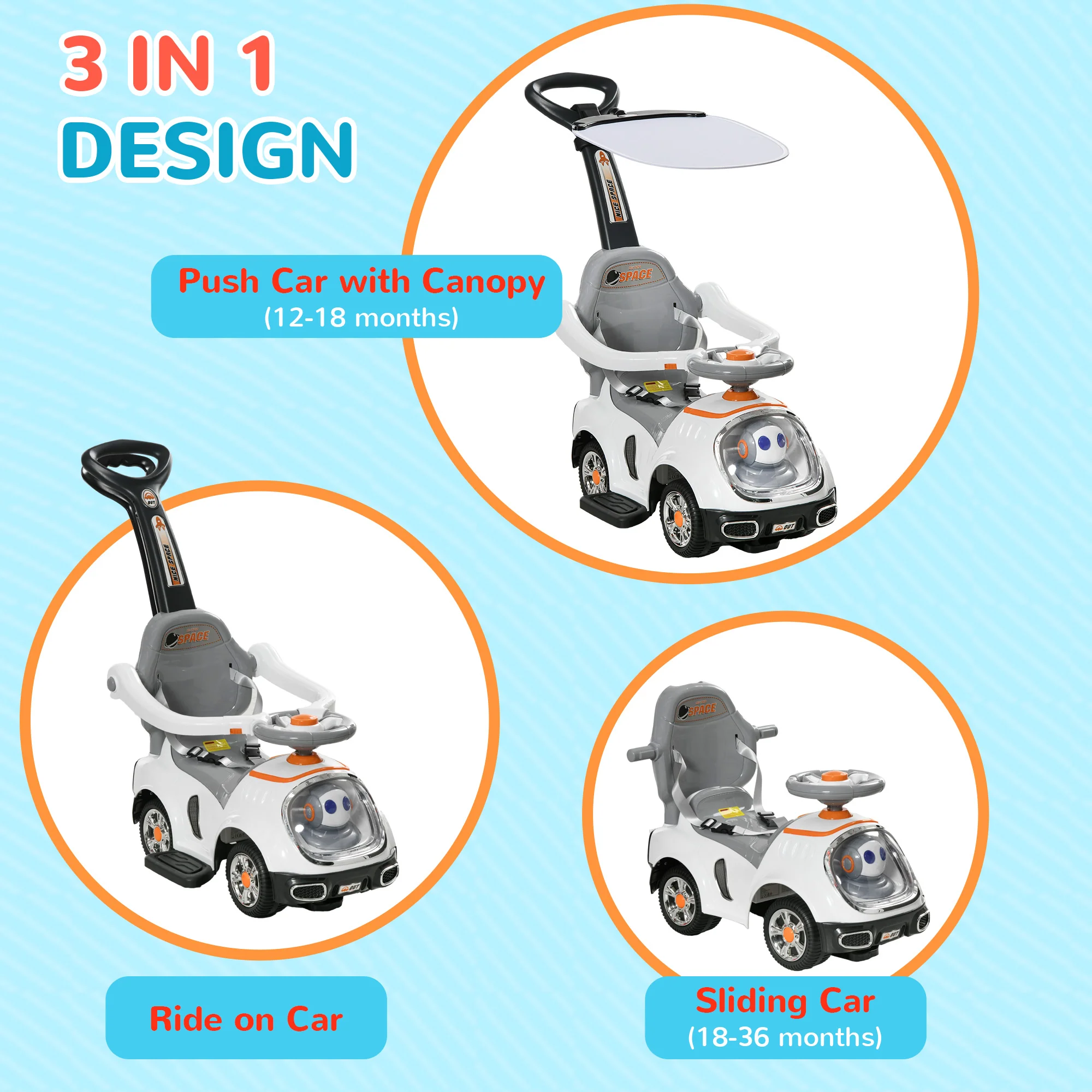 AIYAPLAY 3 in 1 Ride on Push Car, Cartoon Robot Foot to Floor Slider - White - Image 3