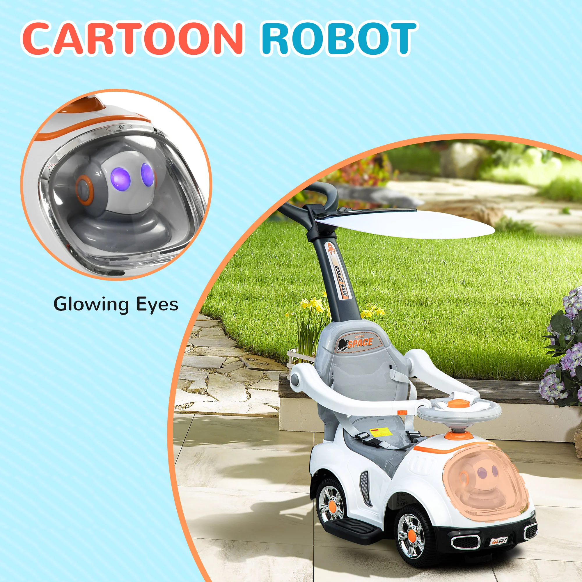 AIYAPLAY 3 in 1 Ride on Push Car, Cartoon Robot Foot to Floor Slider - White - Image 4