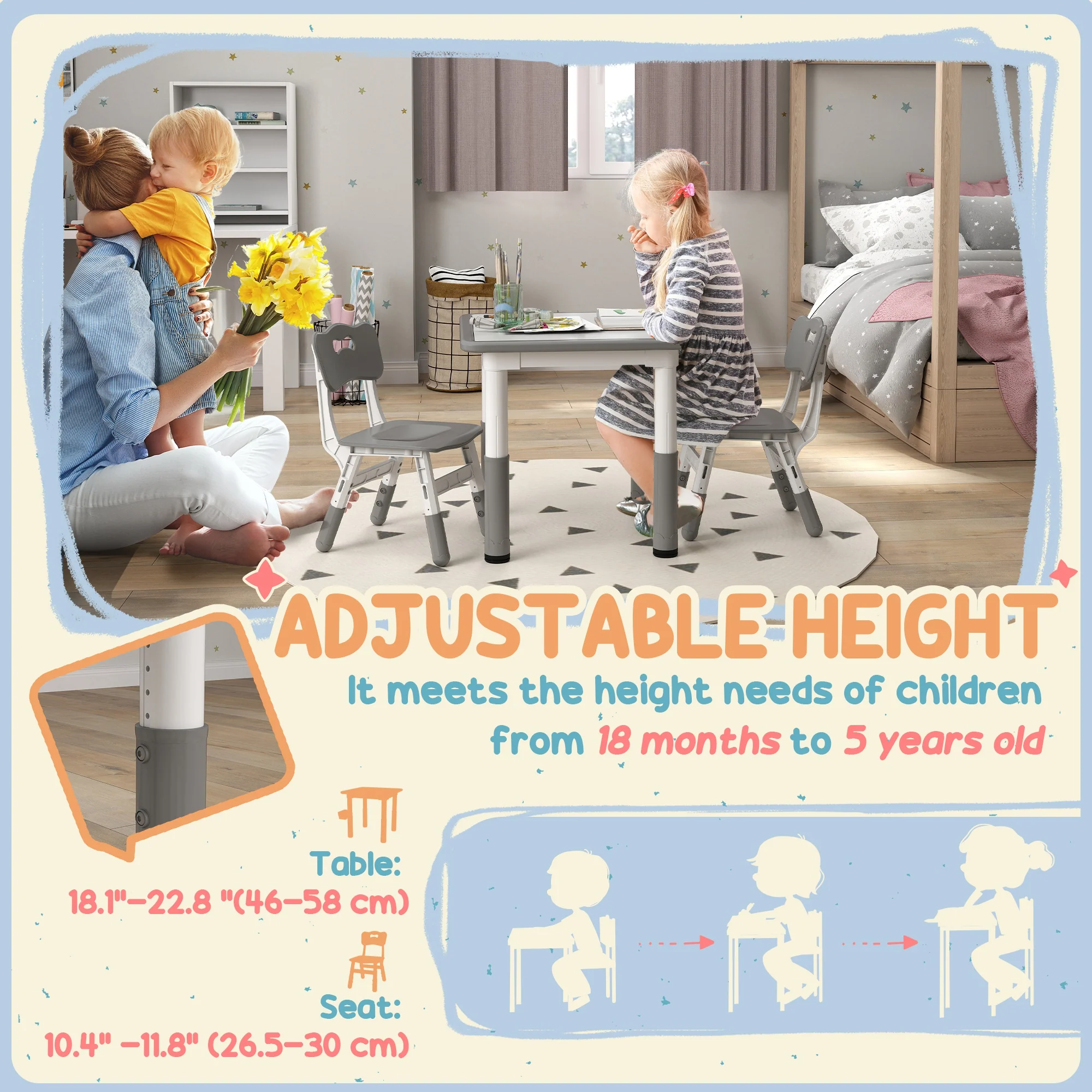 AIYAPLAY 3 Pcs Height Adjustable Kids Table And Chair Set For Playroom - Grey/Pink - Image 11