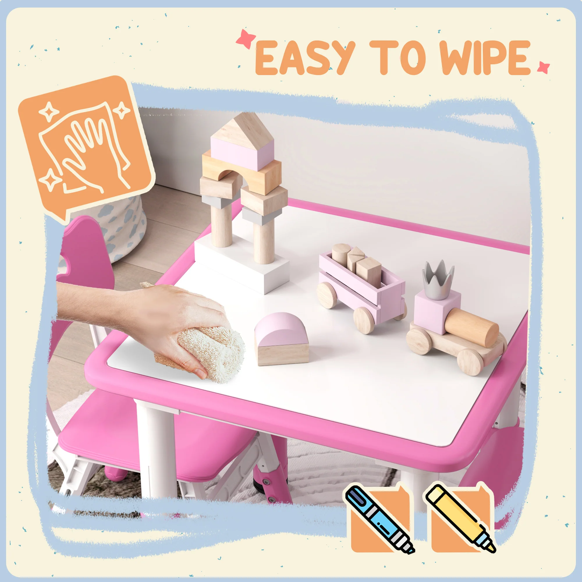 AIYAPLAY 3 Pcs Height Adjustable Kids Table And Chair Set For Playroom - Grey/Pink - Image 6