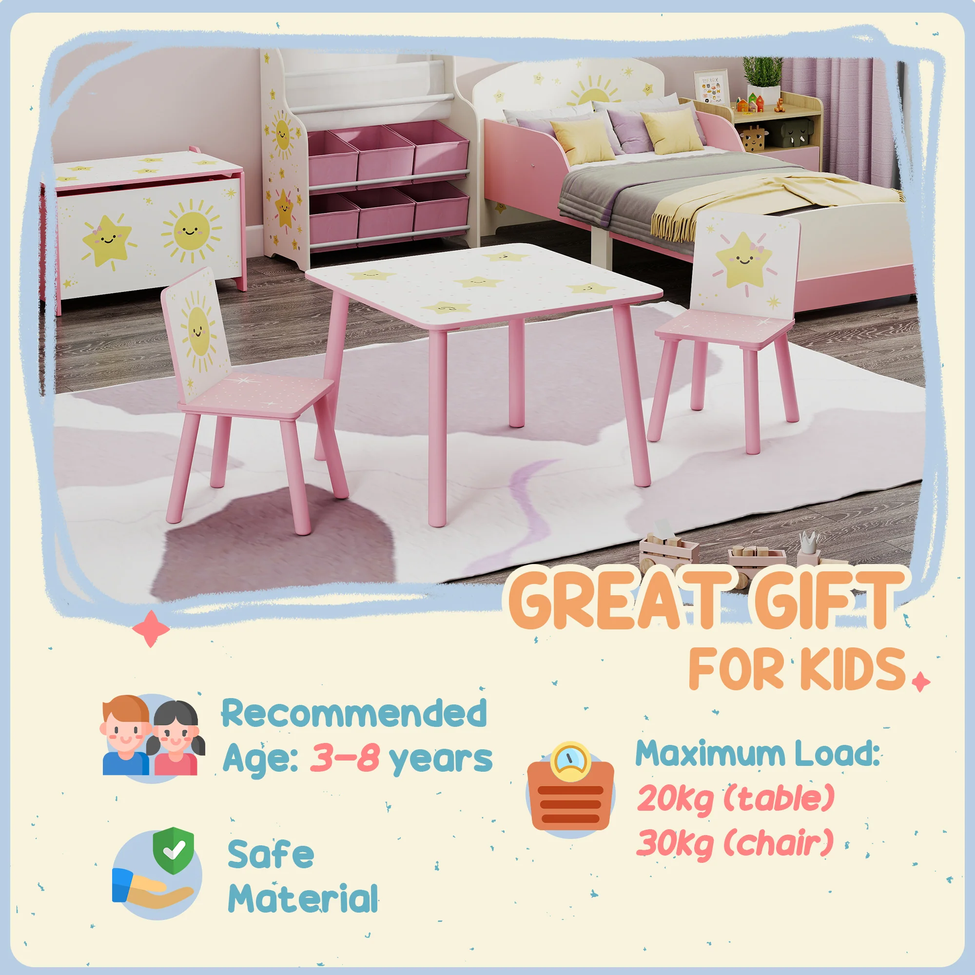 AIYAPLAY 3-Piece Kids Table With 2 Chairs Set For Bedroom Nursery - Image 16