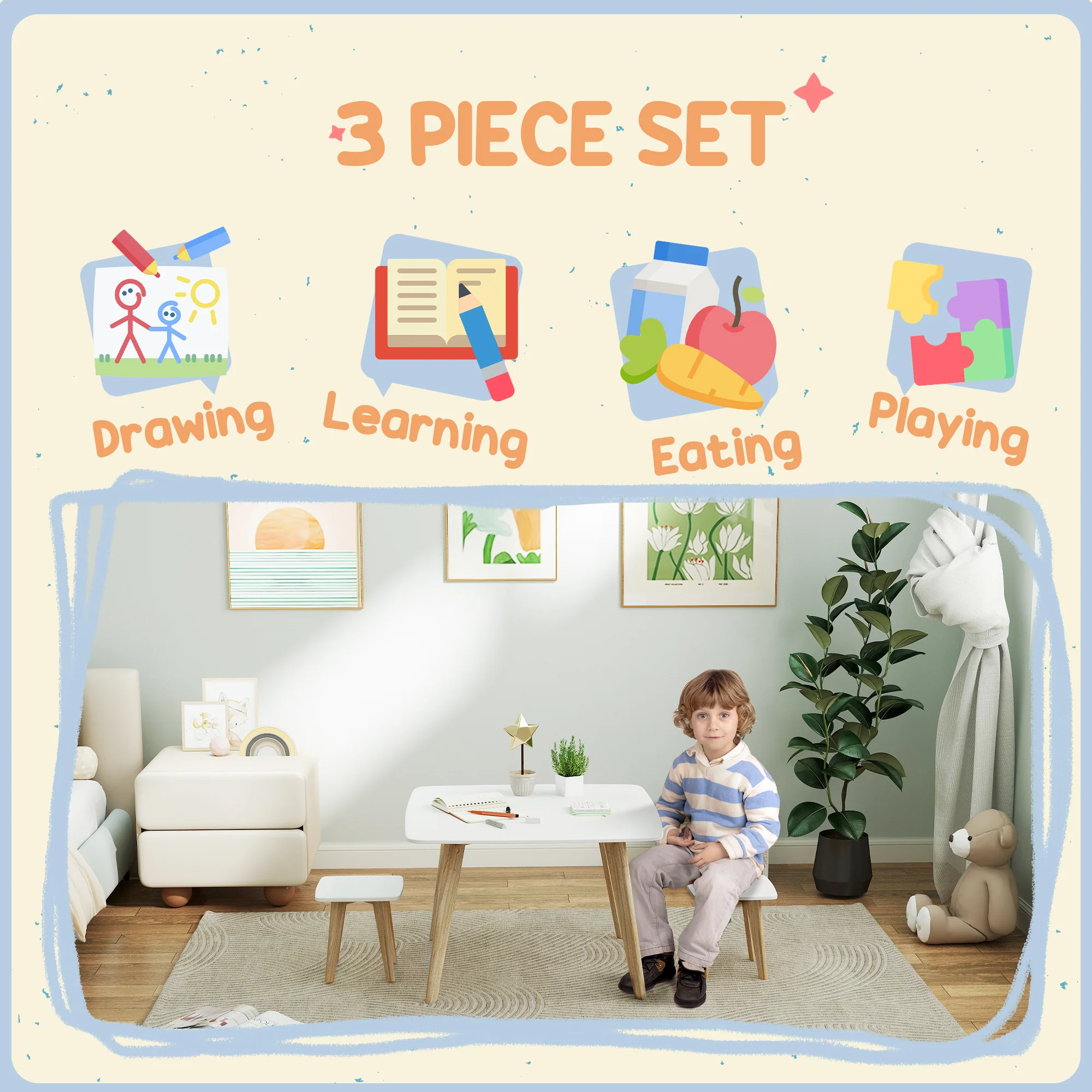 AIYAPLAY 3 Pieces Kids Table and Chair Set for Playroom, Bedroom - Image 3