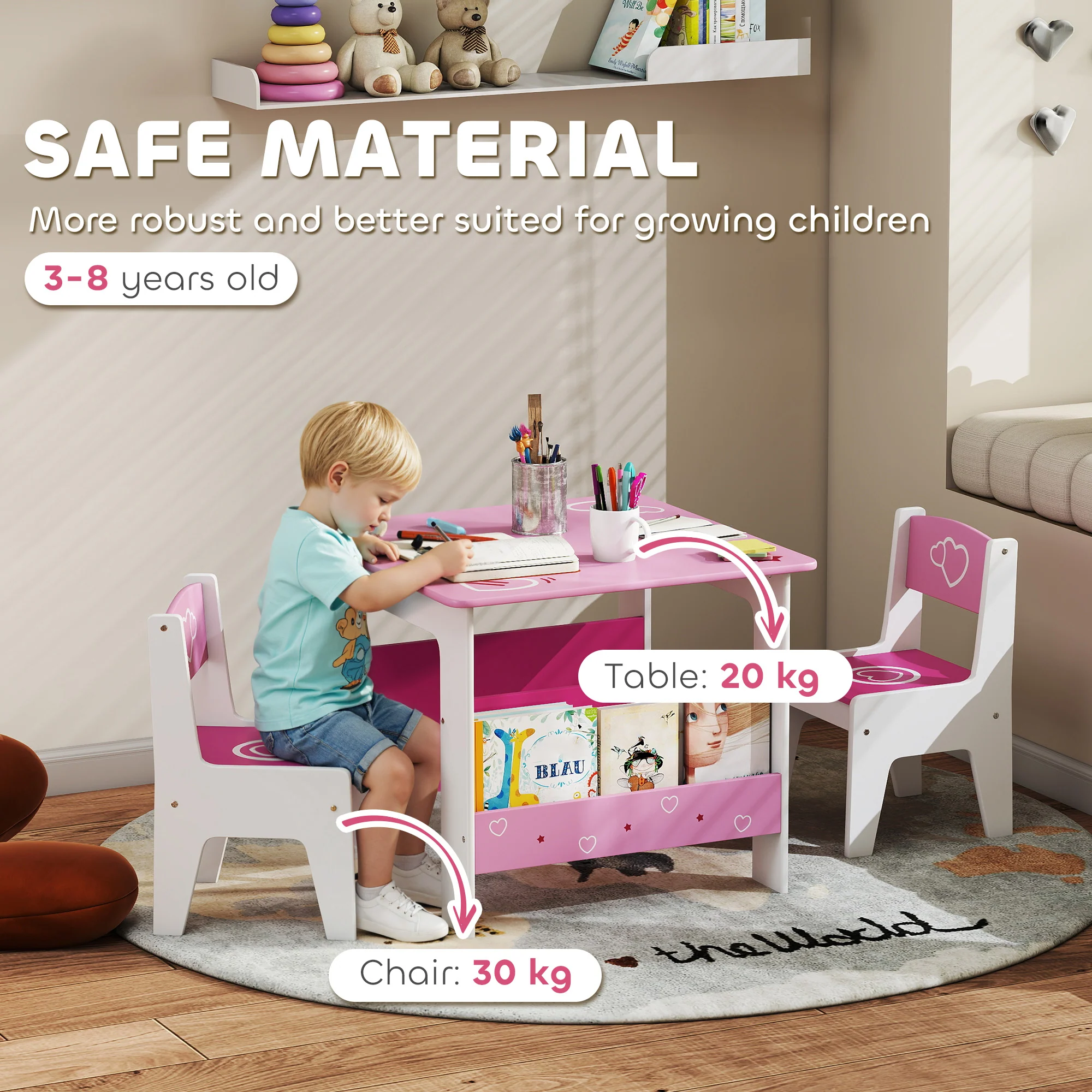 AIYAPLAY 3 Pieces Kids Table and Chair Set with Bookshelves, Pink - Image 8