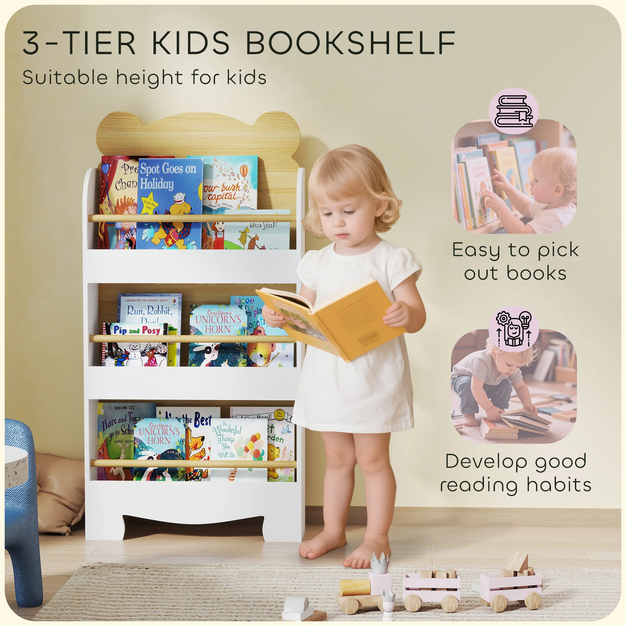 AIYAPLAY 3 Tier Kids Bookshelf Bear Theme Children Bookcase - Image 3