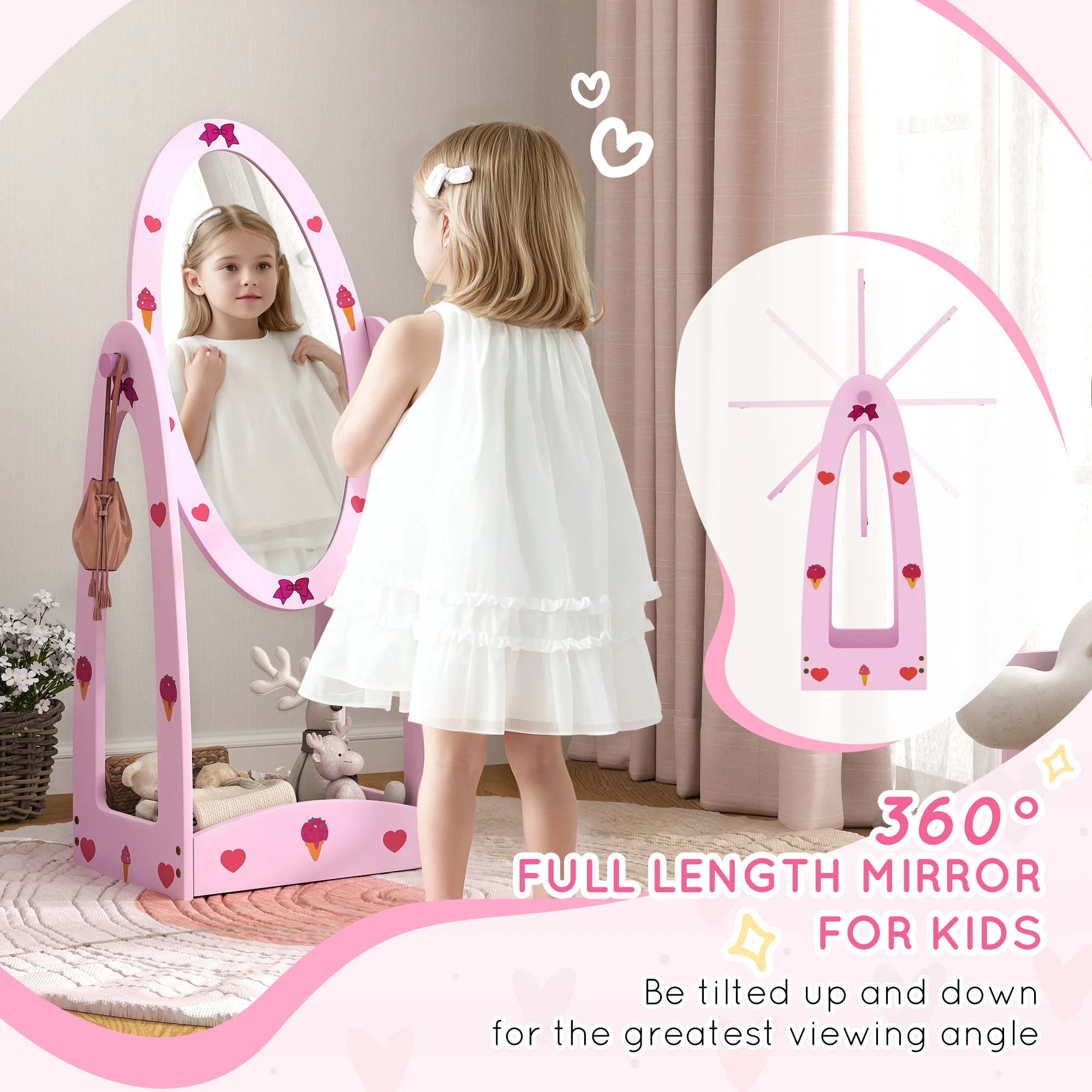 AIYAPLAY 360° Rotating Kids Full Length Mirror With Storage Shelf, Hot Pink - Image 3