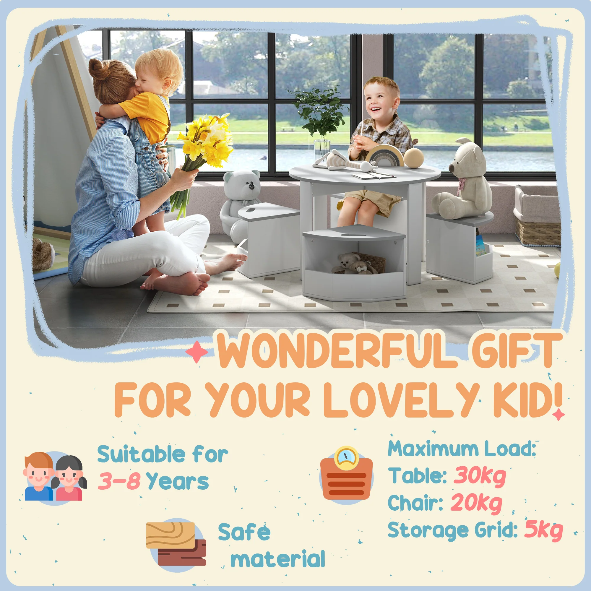 AIYAPLAY 5-Piece Kids Table and Chairs Set w/ Storage for 3-8 Years Old-Grey - Image 7