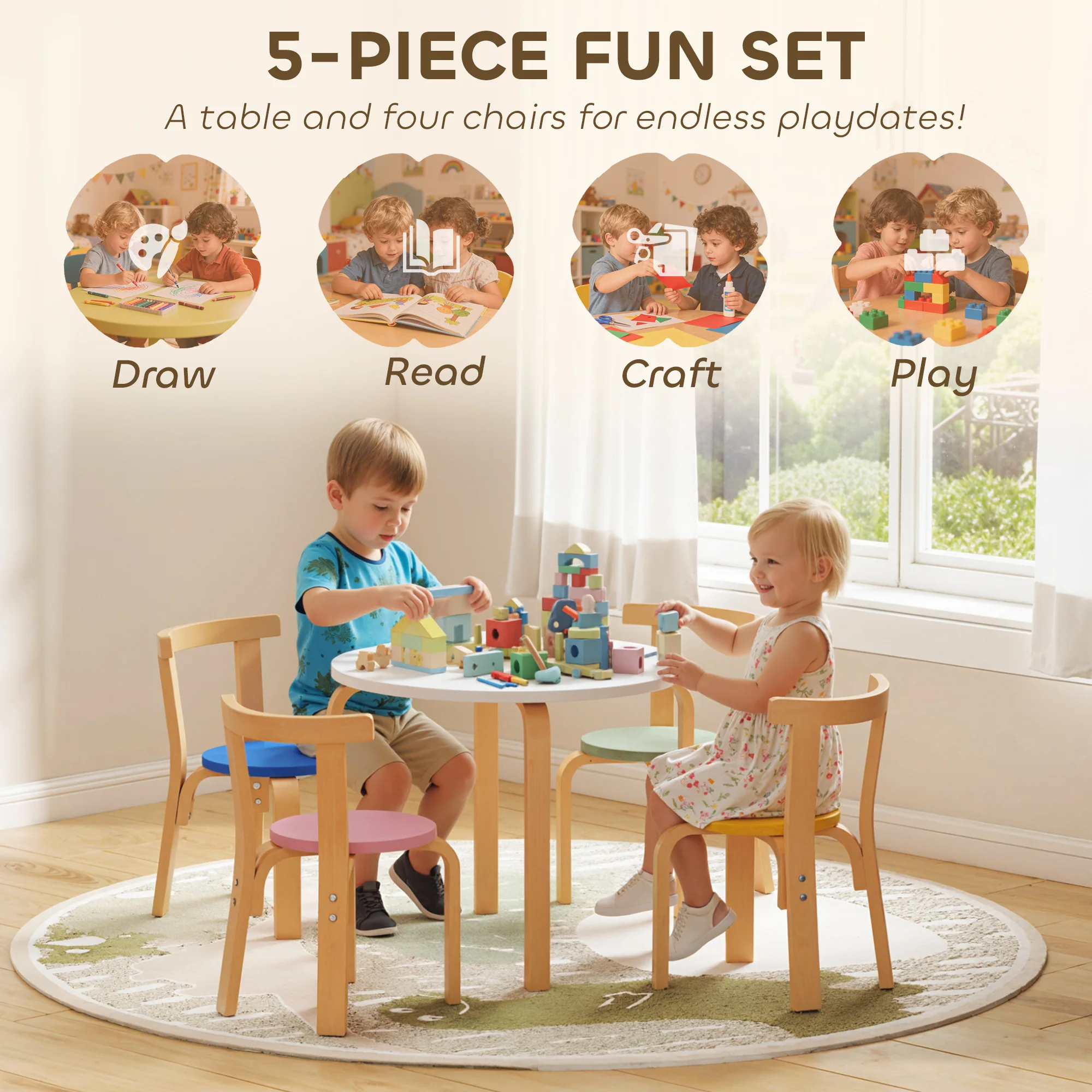AIYAPLAY 5 Piece Kids Table and Chairs Set Wood for 3-8 Years for Art Crafts - Image 3