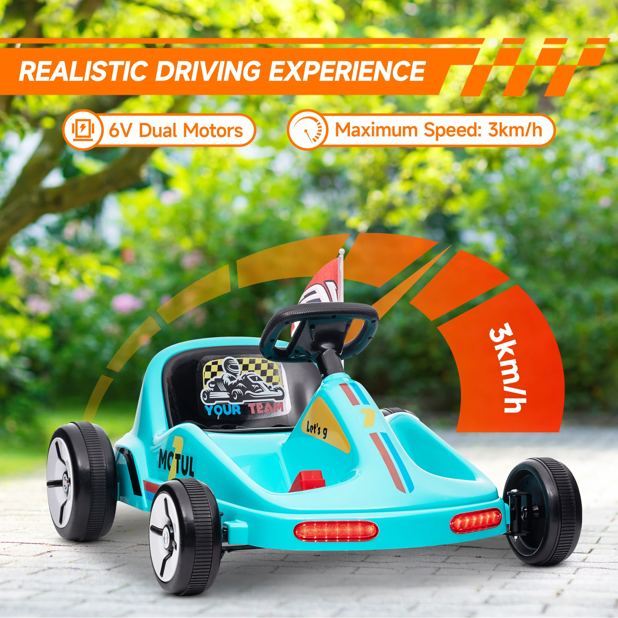 AIYAPLAY 6V Electric Go Kart W/ Music, Light, Horn, For 3-5 Years - Blue/Red/Yellow - Image 19