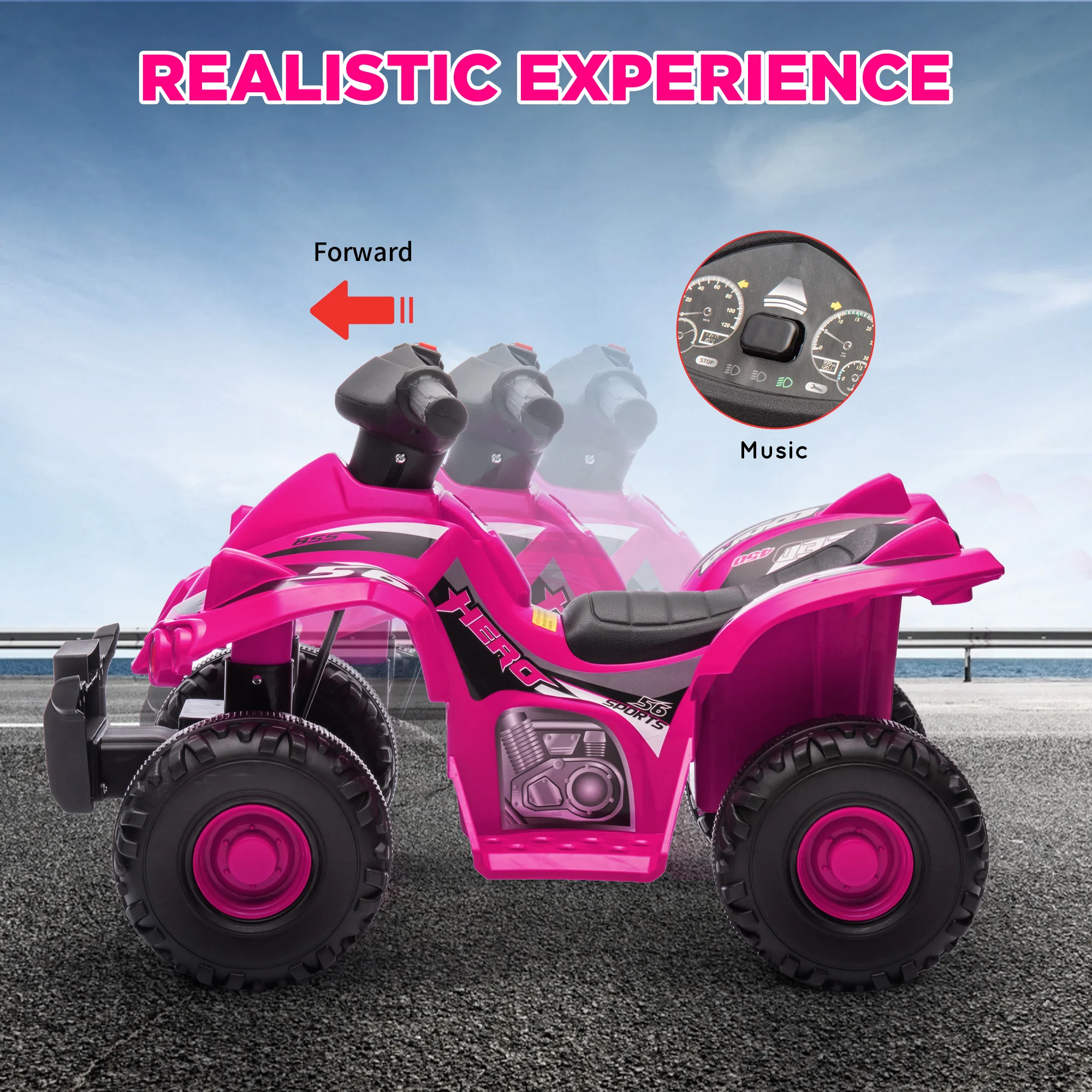 AIYAPLAY 6V Kids Electric Quad Bike With Music, Forward Function - Pink/Black - Image 3