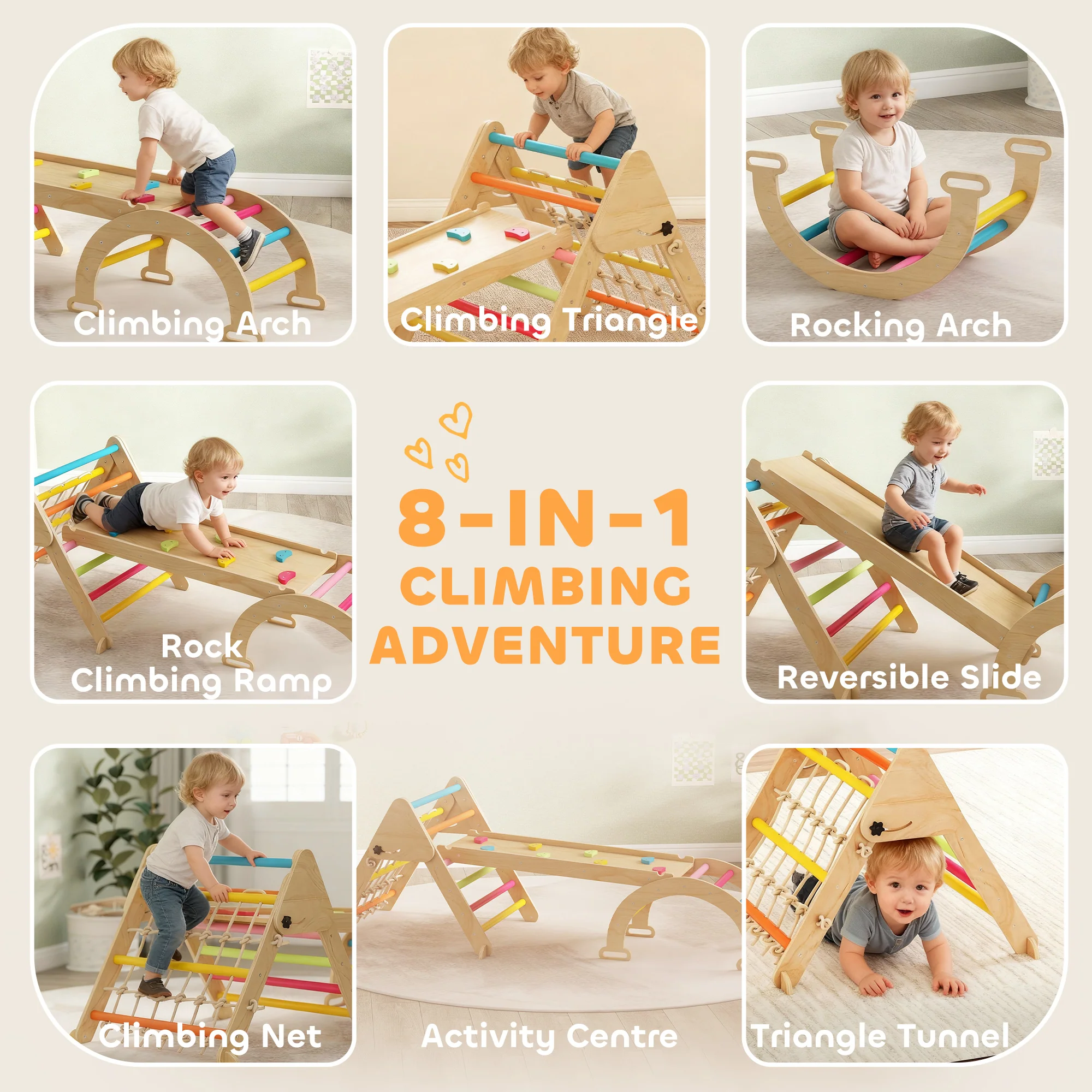 AIYAPLAY 8-in-1 Toddler Climbing Frame, Play Triangle Set, Multicolour - Image 3