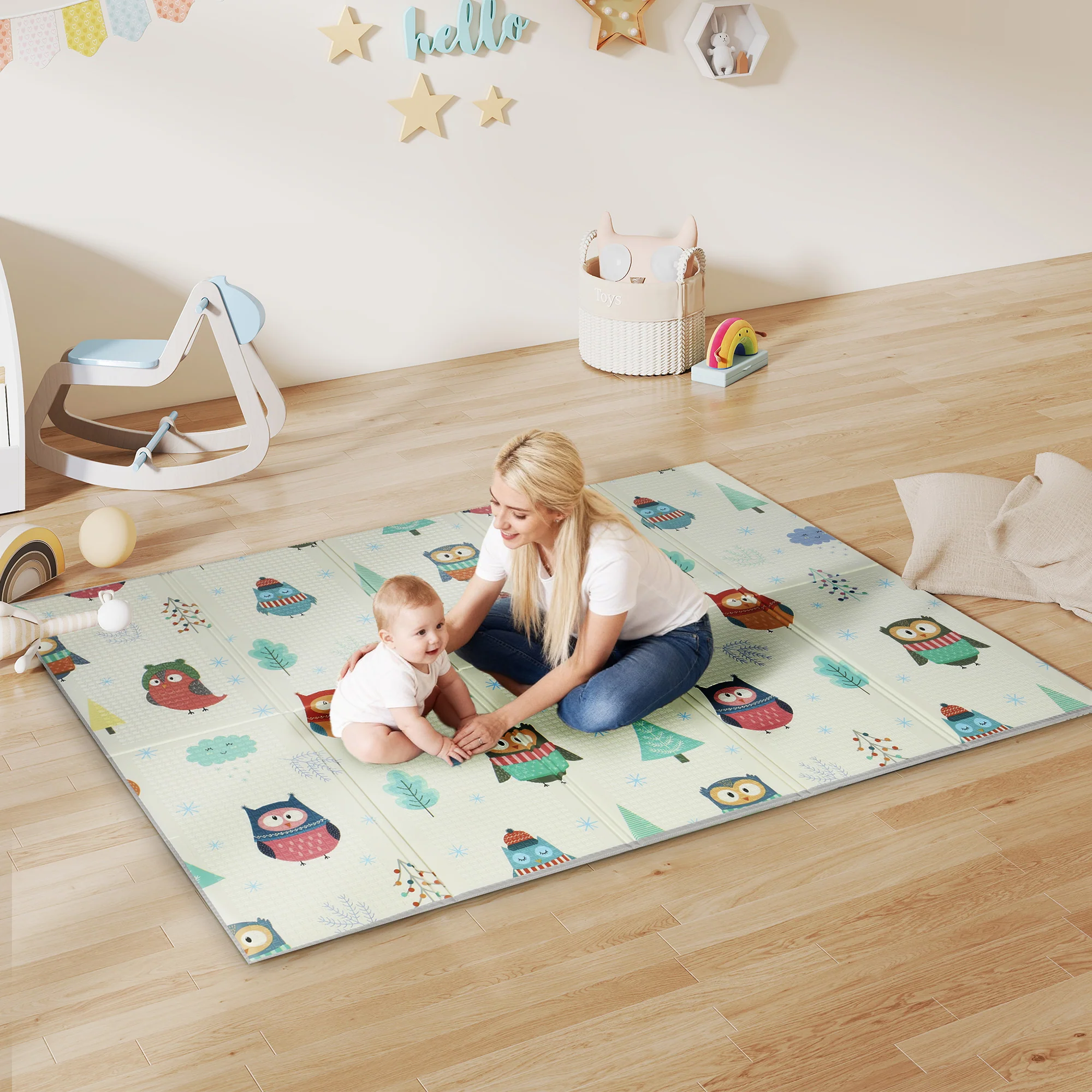 AIYAPLAY Baby Play Mat Double-Sided, Kids Floor Mat, Car Track And Owl Theme - Image 2