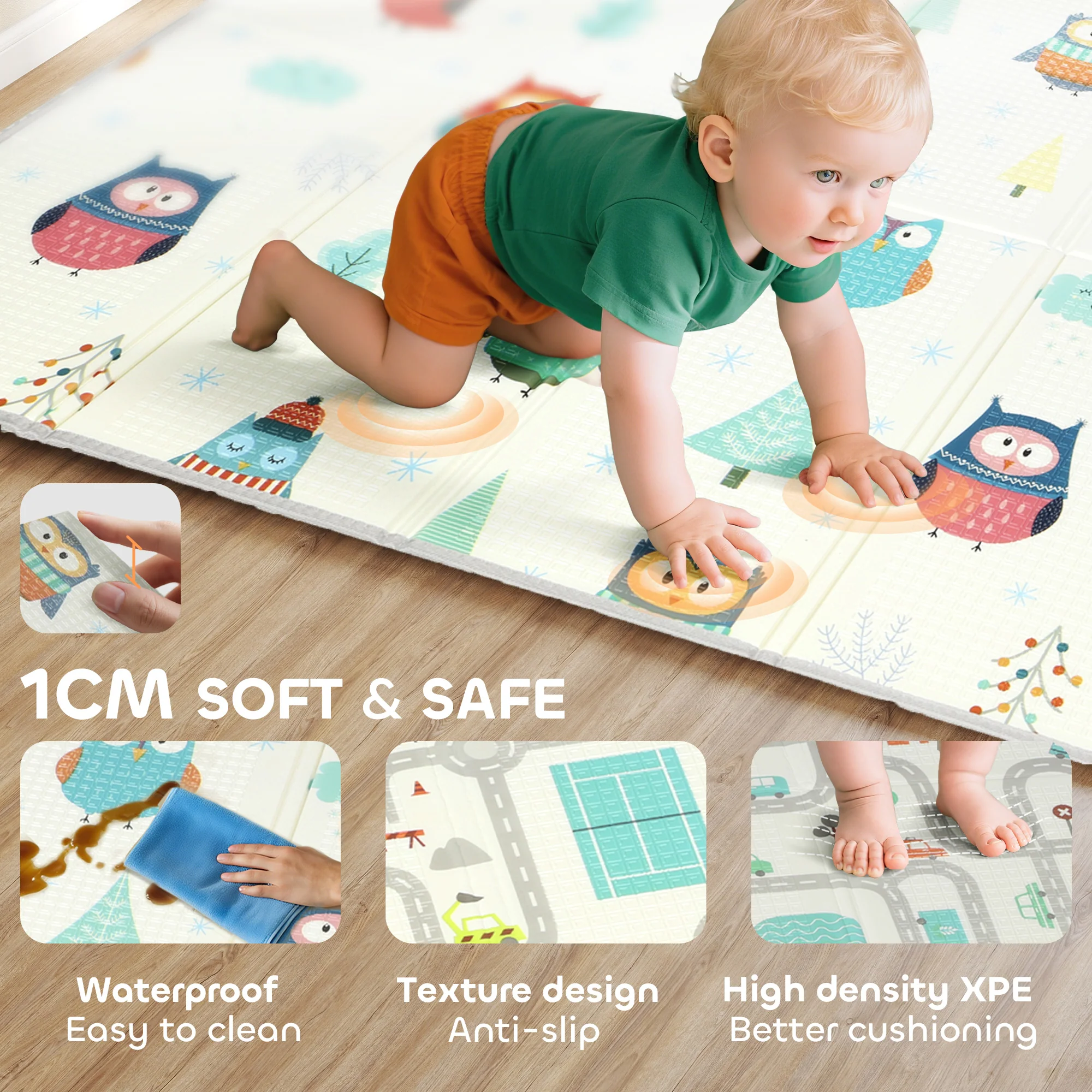 AIYAPLAY Baby Play Mat Double-Sided, Kids Floor Mat, Car Track And Owl Theme - Image 5