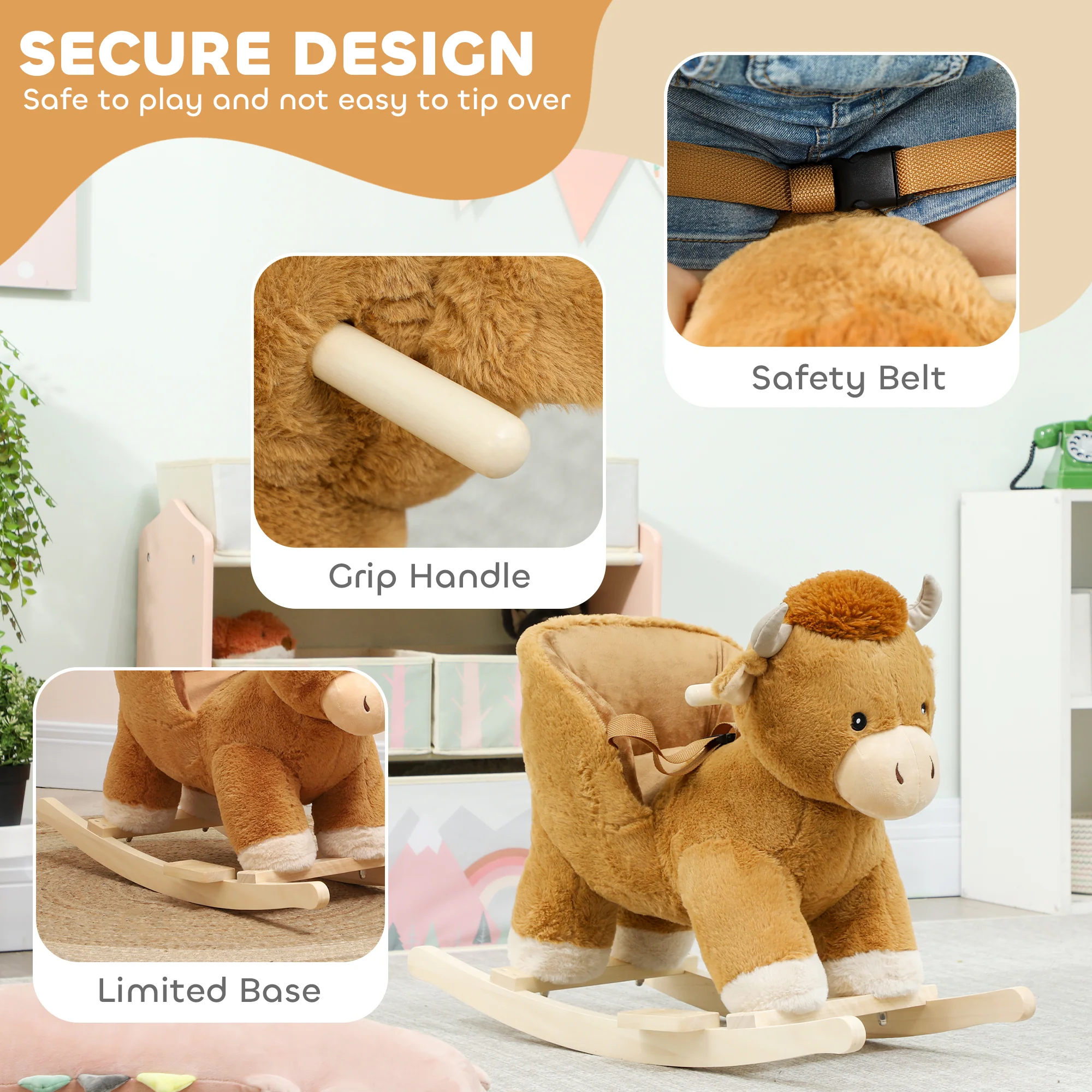 AIYAPLAY Baby Rocking Horse with Song, Safety Belt, Wood Base for 1-3 Years - Image 4