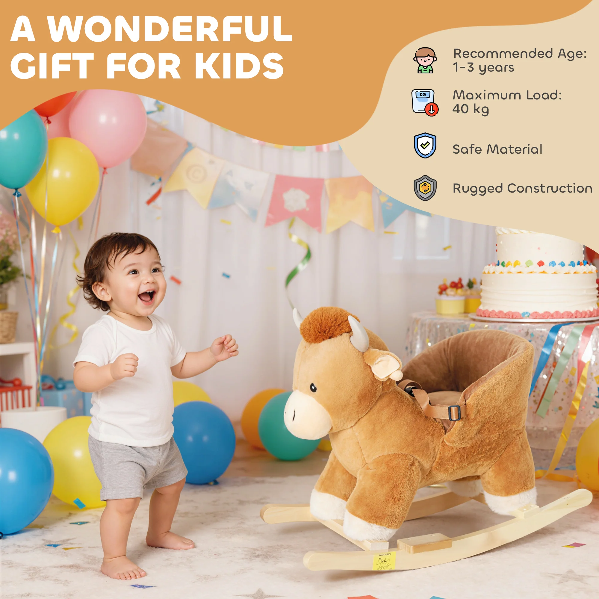 AIYAPLAY Baby Rocking Horse with Song, Safety Belt, Wood Base for 1-3 Years - Image 7