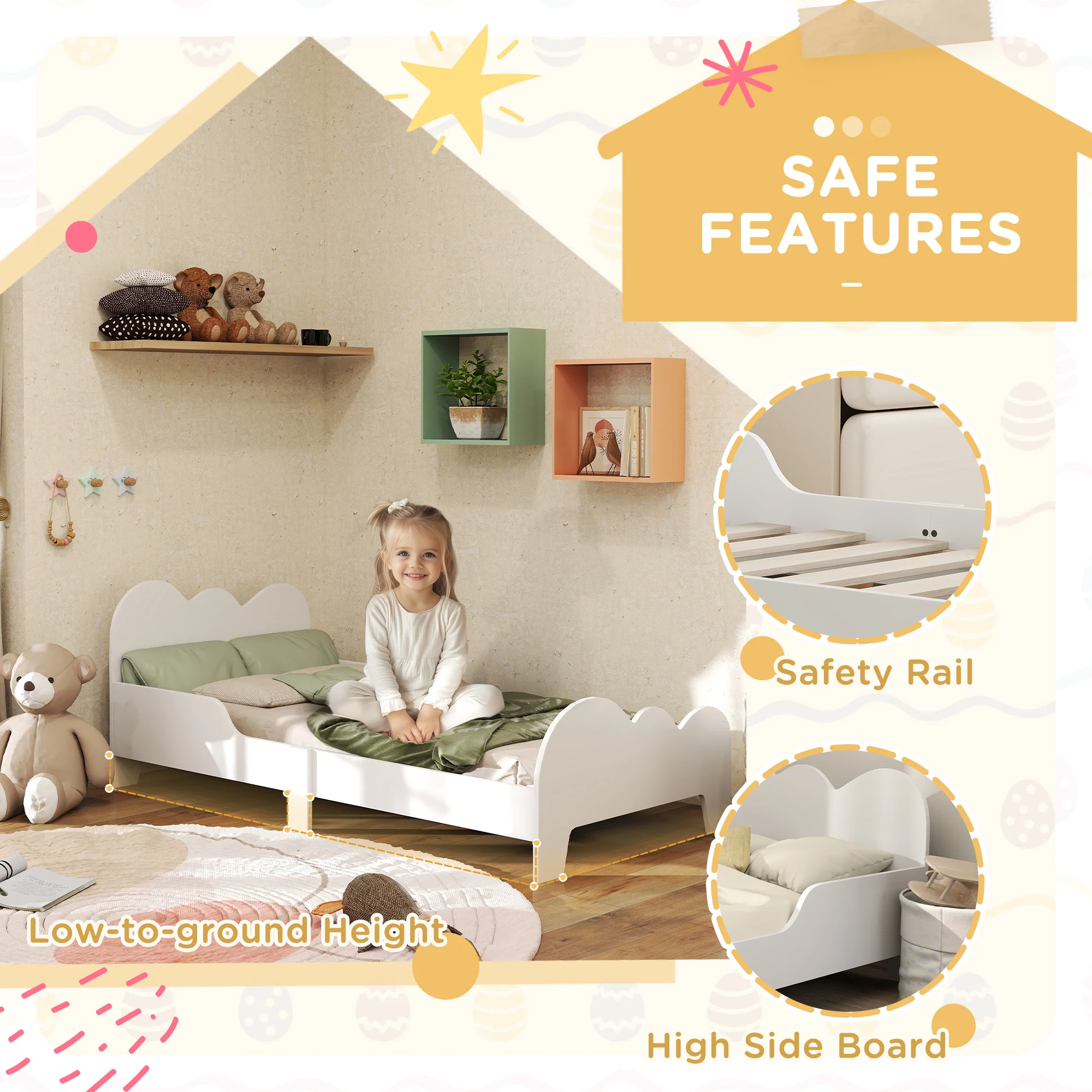 AIYAPLAY Cloud-Themed Toddler Bed with Safety Rails, 143.5 x 74.5 x 56cm - Image 3