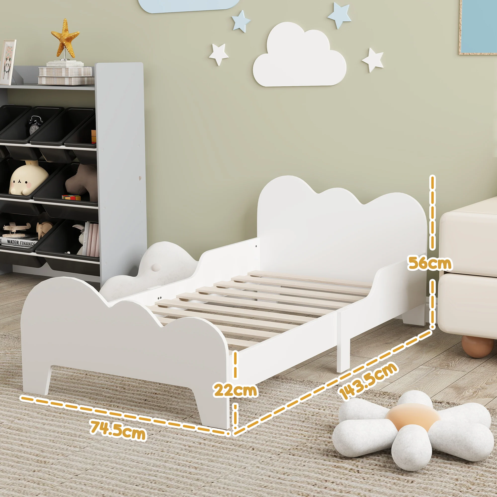 AIYAPLAY Cloud-Themed Toddler Bed with Safety Rails, 143.5 x 74.5 x 56cm - Image 5