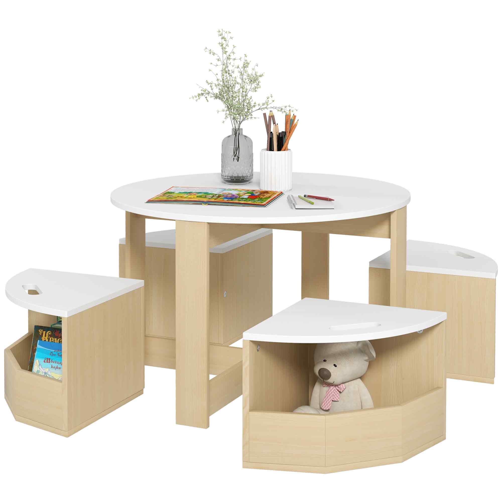 AIYAPLAY Five-Piece Kids Table And Chairs Set With Storage, White