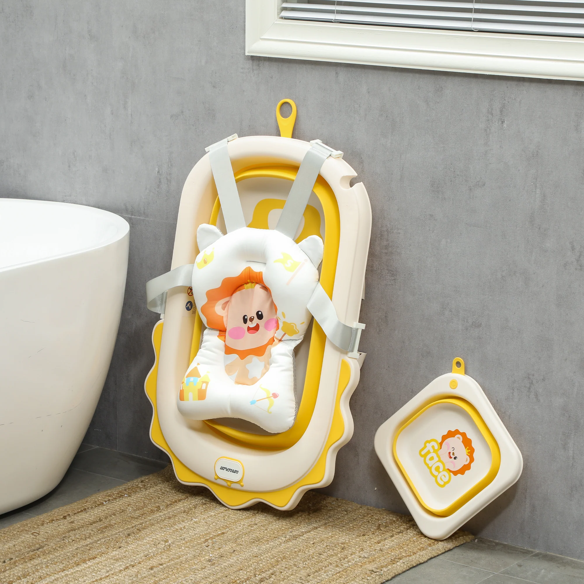 AIYAPLAY Foldable Baby Bath Tub Set With Bath Cushion, Wash Basin, Yellow - Image 9