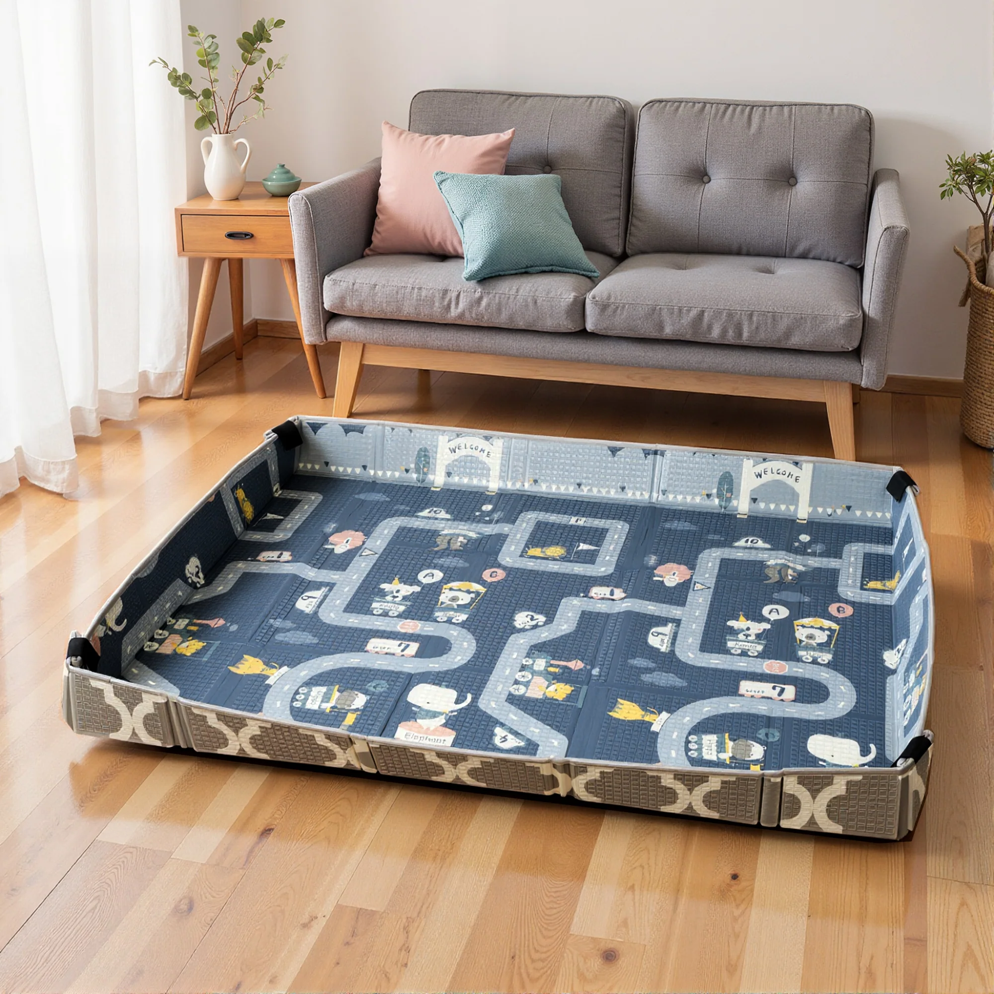 AIYAPLAY Foldable Baby Play Mat, Baby Playpen, Traffic & Grey Diamond Theme - Image 9