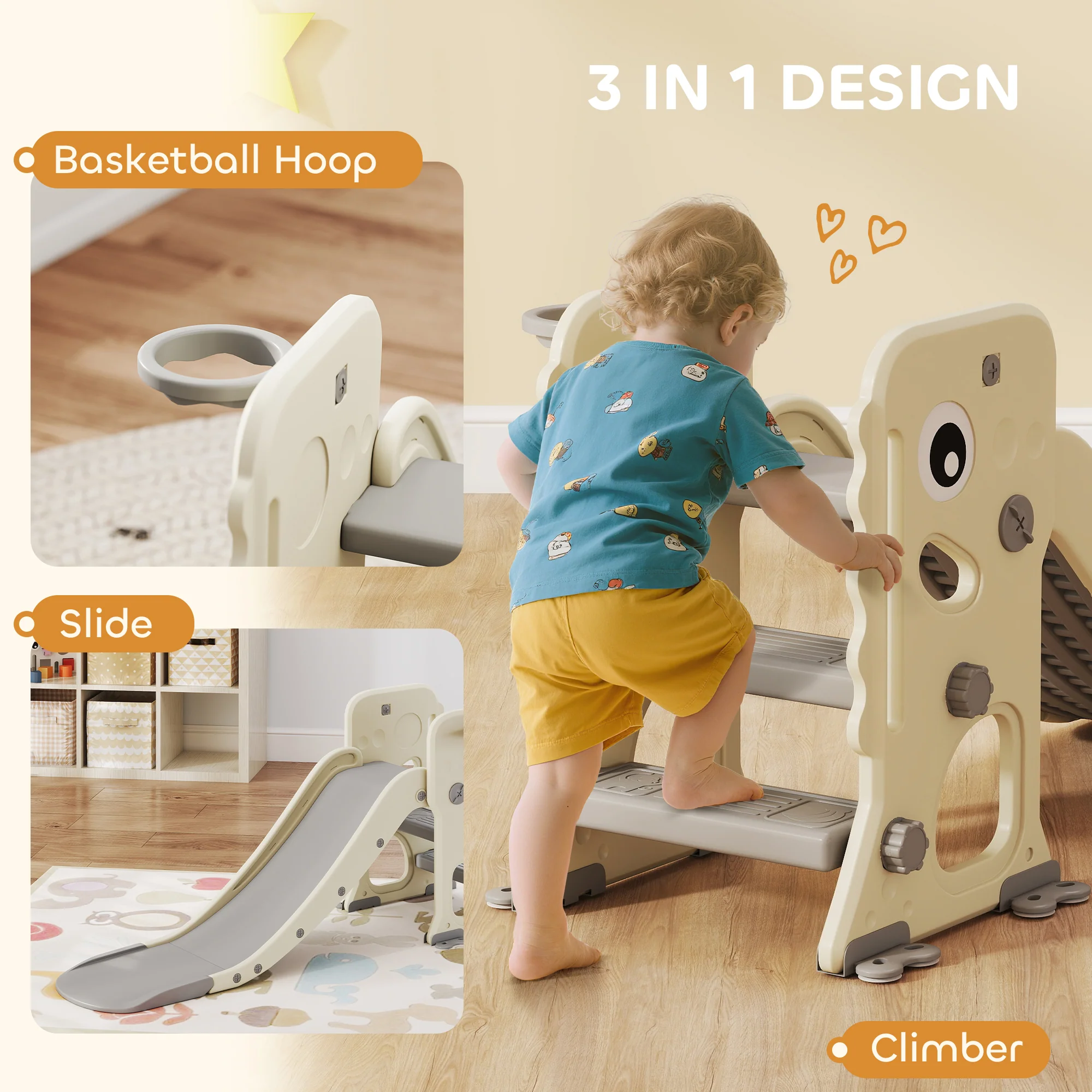 AIYAPLAY Foldable Kids Slide With Climber, Basketball Hoop, Cream White - Image 4
