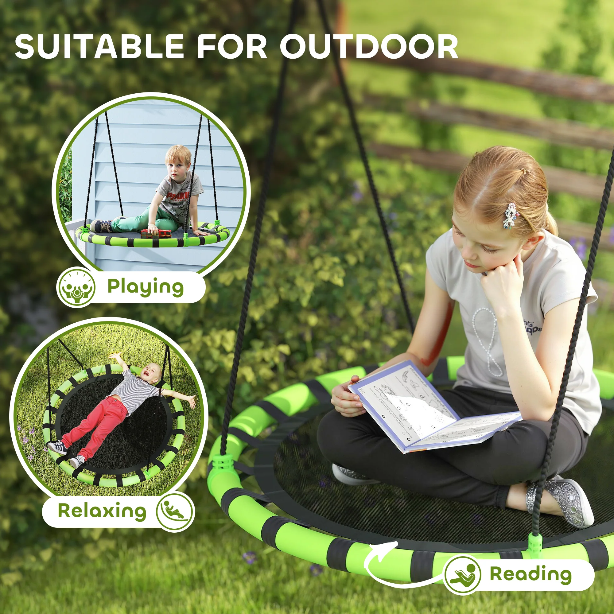 AIYAPLAY Kid Nest Swing Seat, 100cm Diameter Round Saucer Swing Set, Black - Image 15