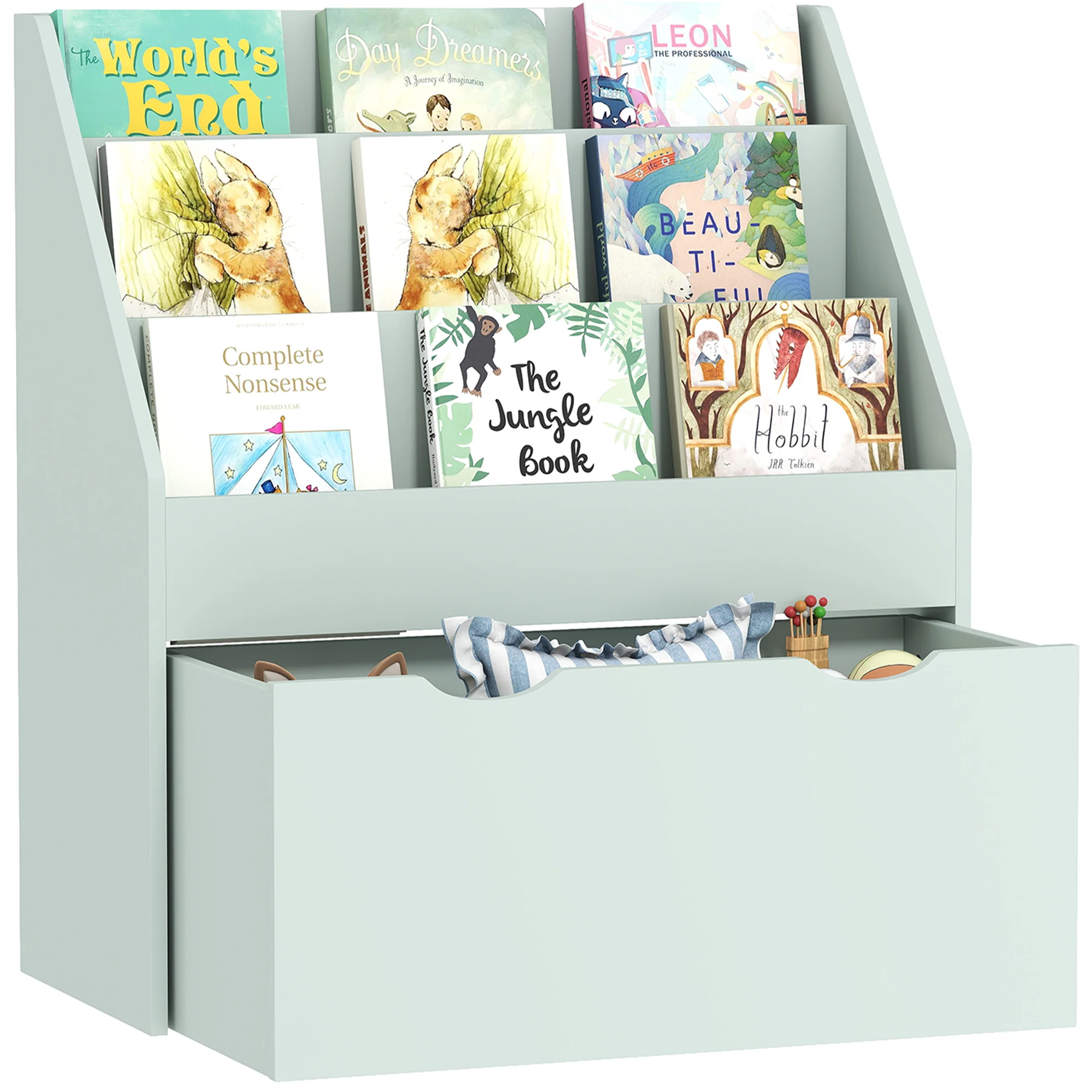AIYAPLAY Kids Bookcase W/ 3 Tier Shelves, Drawer, For Bedroom, Nursery, Green