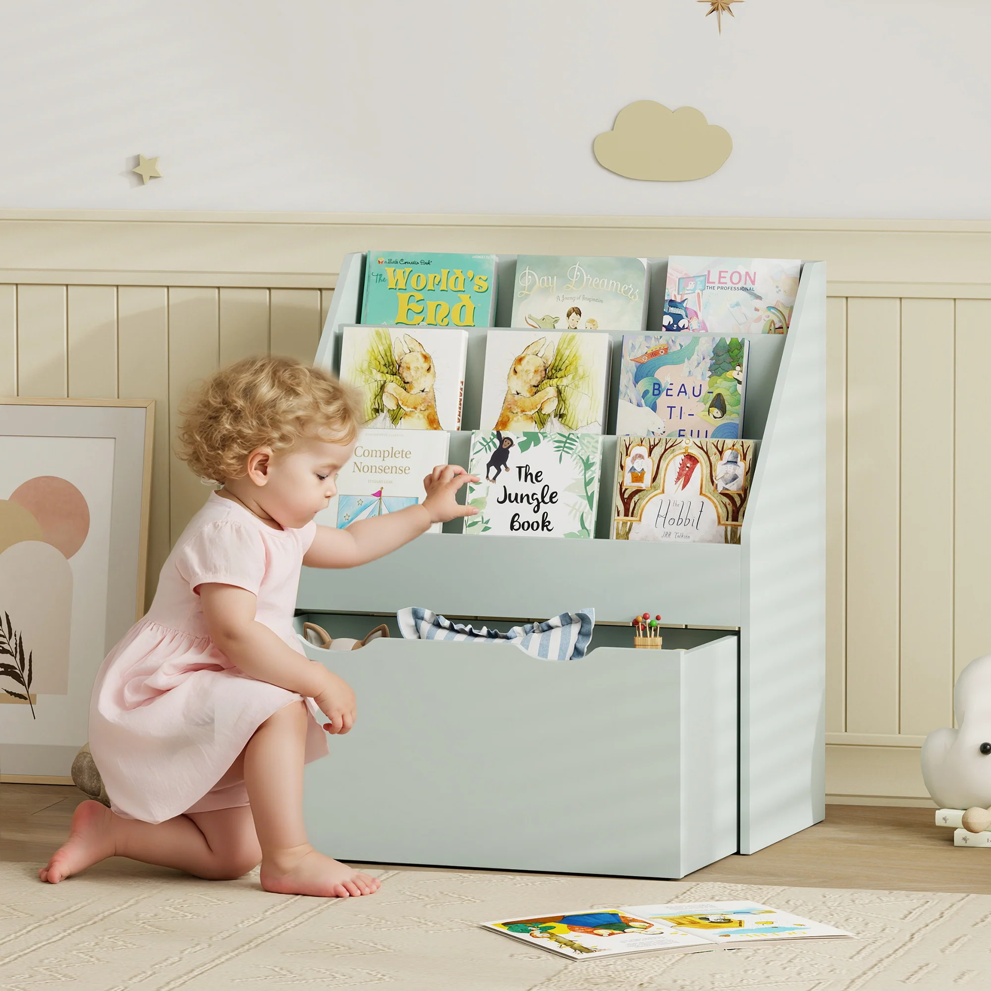 AIYAPLAY Kids Bookcase W/ 3 Tier Shelves, Drawer, For Bedroom, Nursery, Green - Image 2