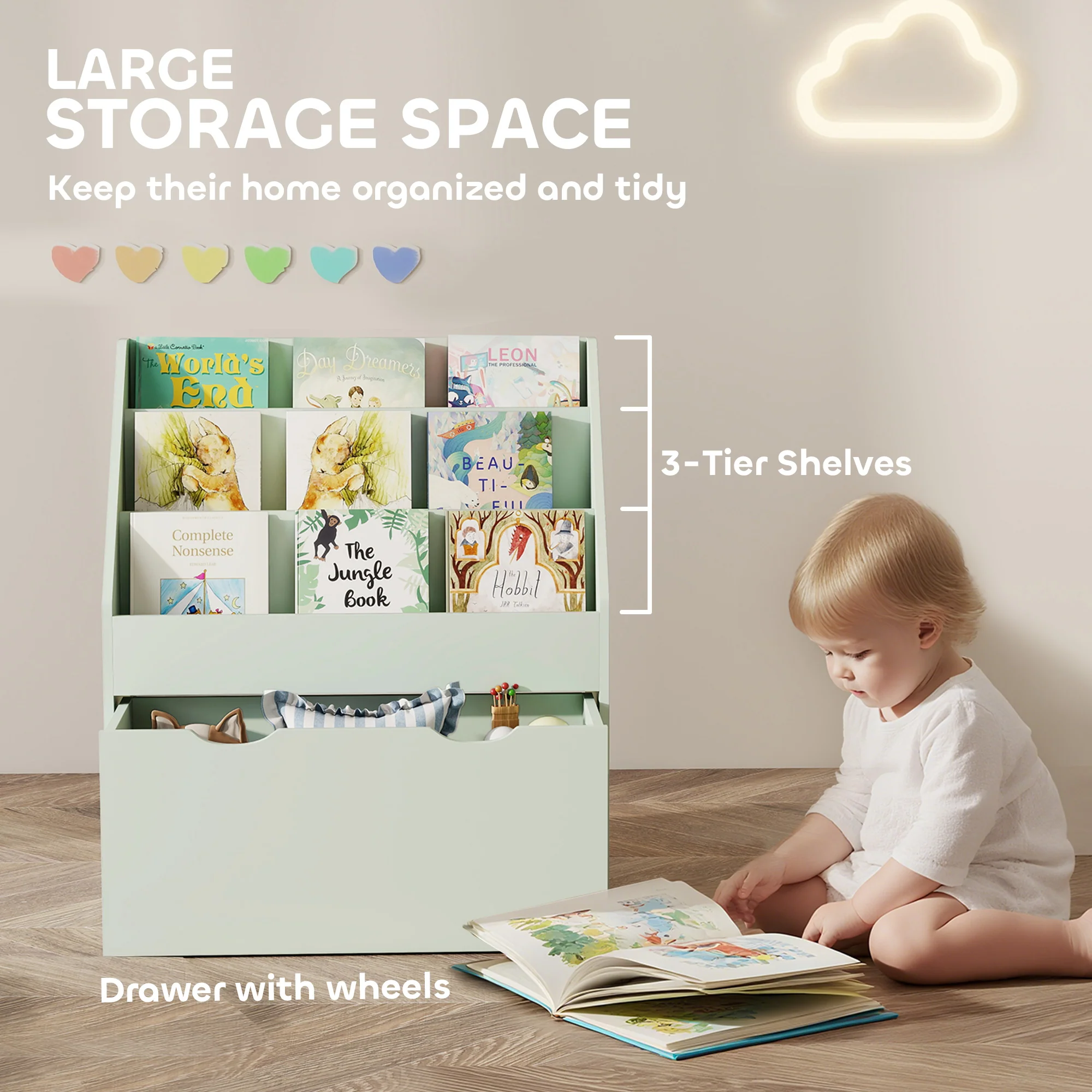 AIYAPLAY Kids Bookcase W/ 3 Tier Shelves, Drawer, For Bedroom, Nursery, Green - Image 3