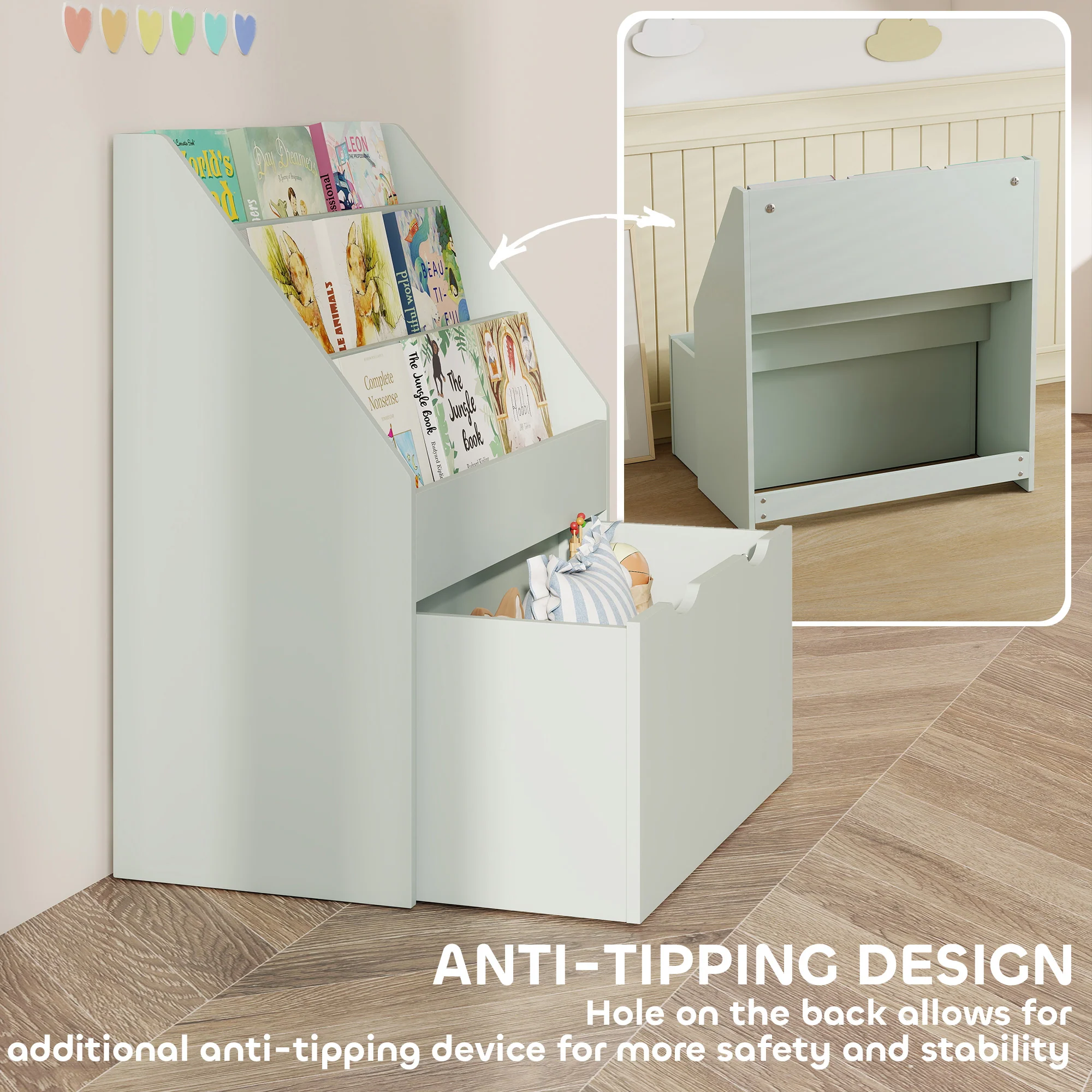 AIYAPLAY Kids Bookcase W/ 3 Tier Shelves, Drawer, For Bedroom, Nursery, Green - Image 4