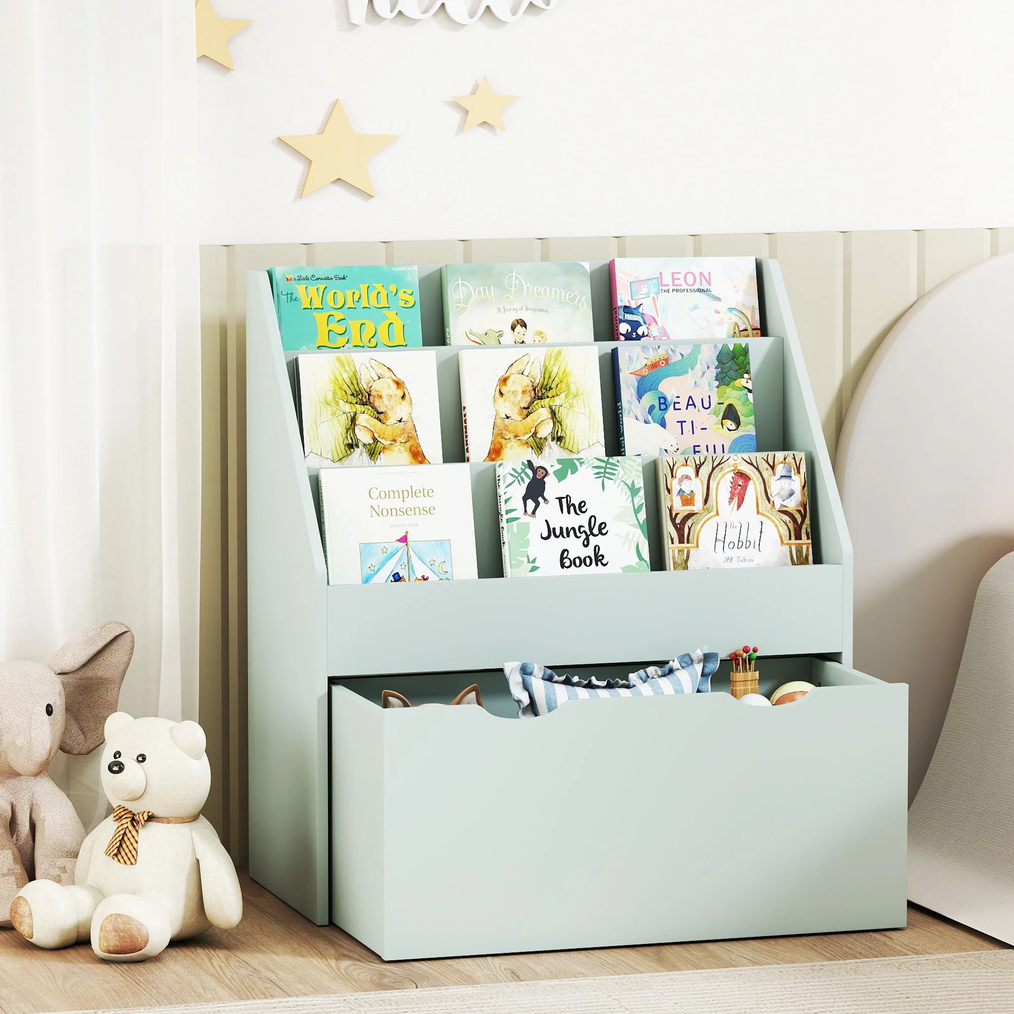 AIYAPLAY Kids Bookcase W/ 3 Tier Shelves, Drawer, For Bedroom, Nursery, Green - Image 9