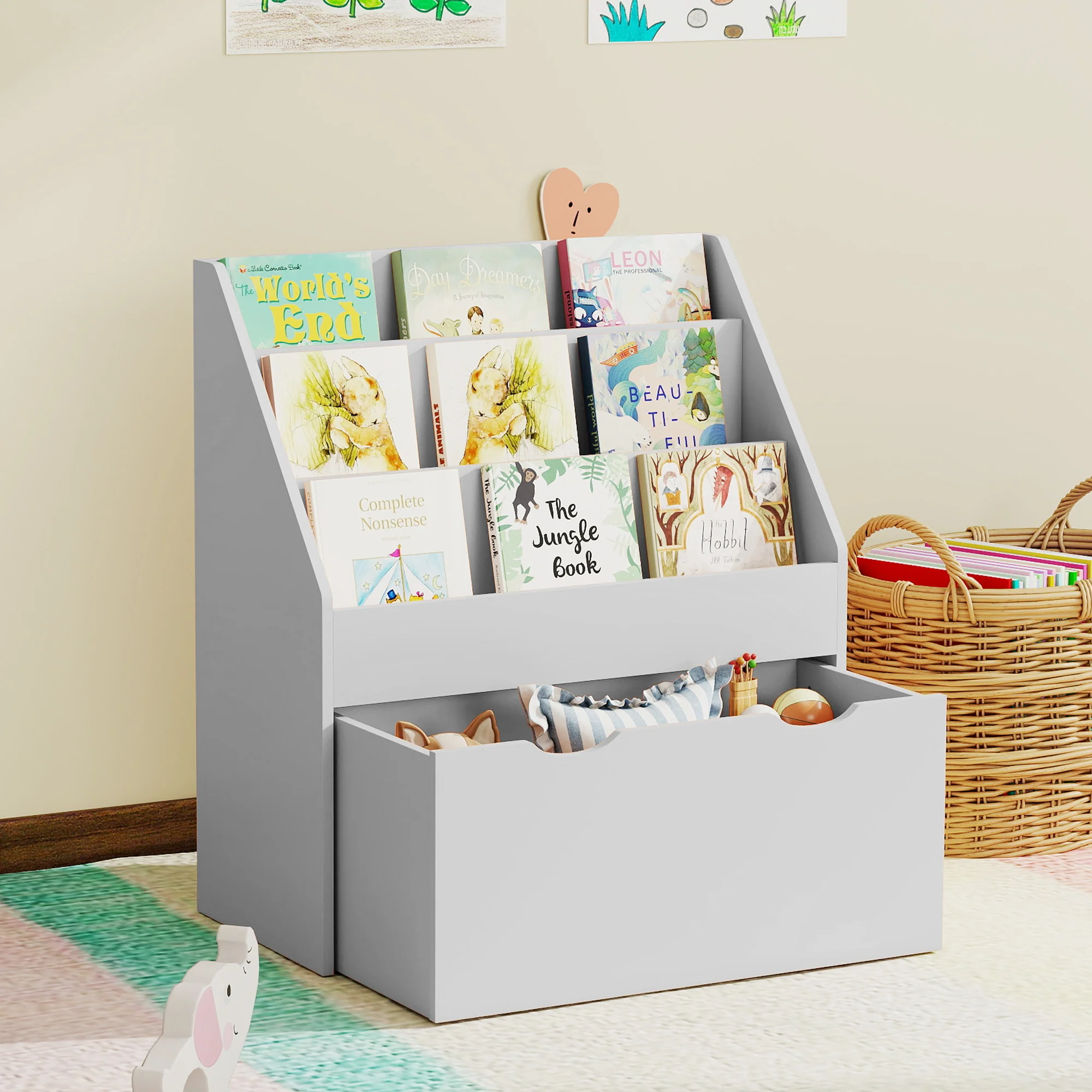 AIYAPLAY Kids Bookcase W/ 3 Tier Shelves, Drawer, For Bedroom, Nursery, Grey - Image 8