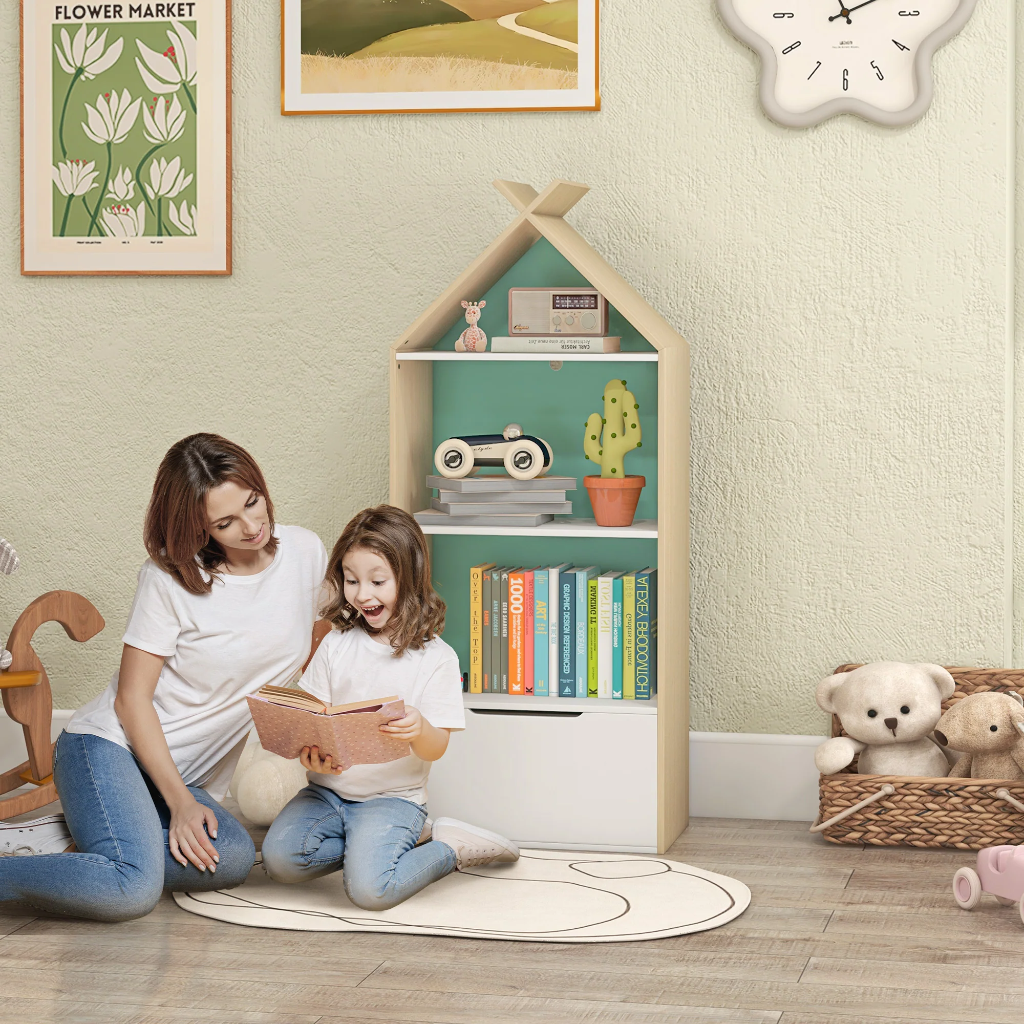AIYAPLAY Kids Bookshelf with 3 Shelves, Drawer, Anti-tip Device, for Kids Room - Image 2