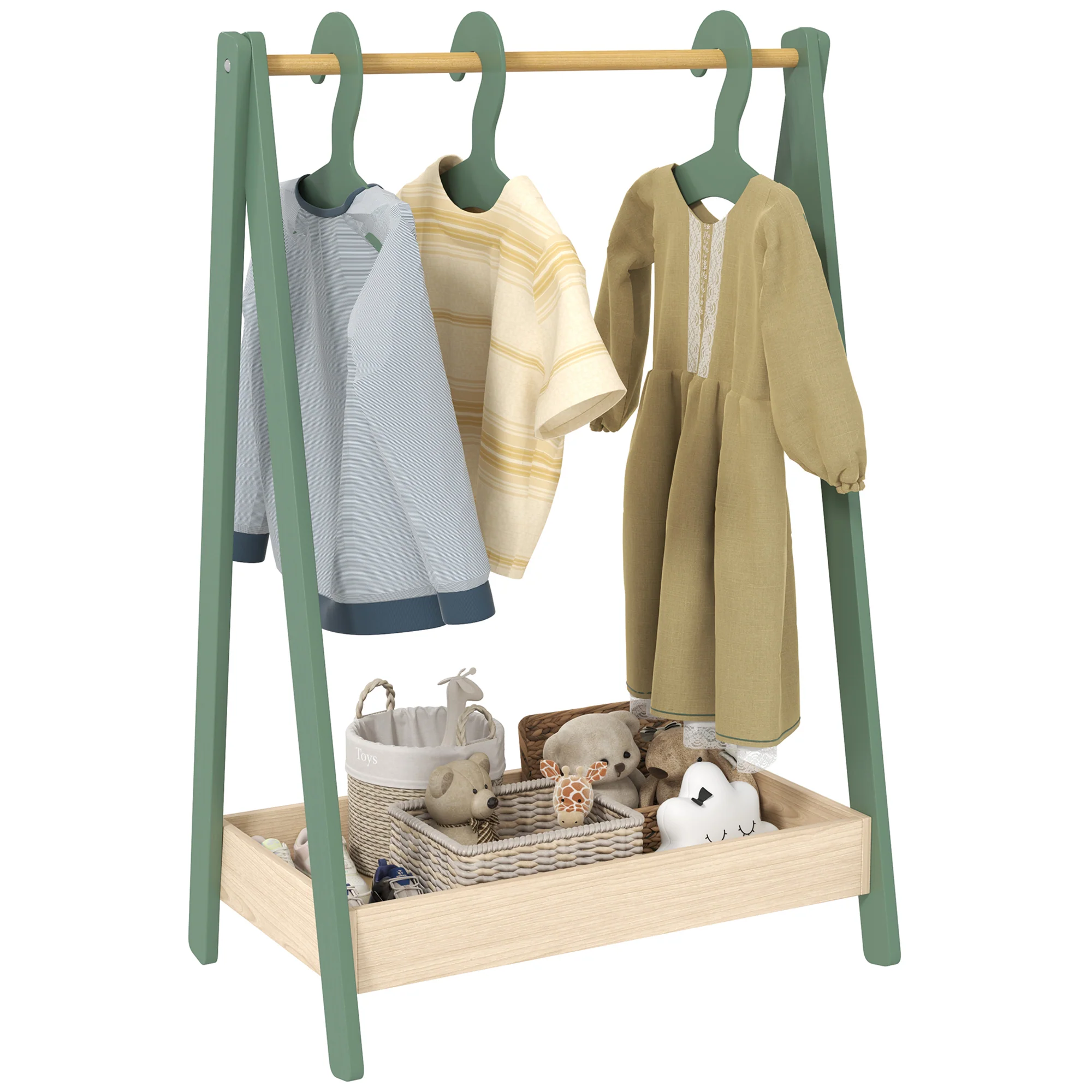 AIYAPLAY Kids Clothes Rail with Hangers, Base Shelf for Girls, Boys, Green