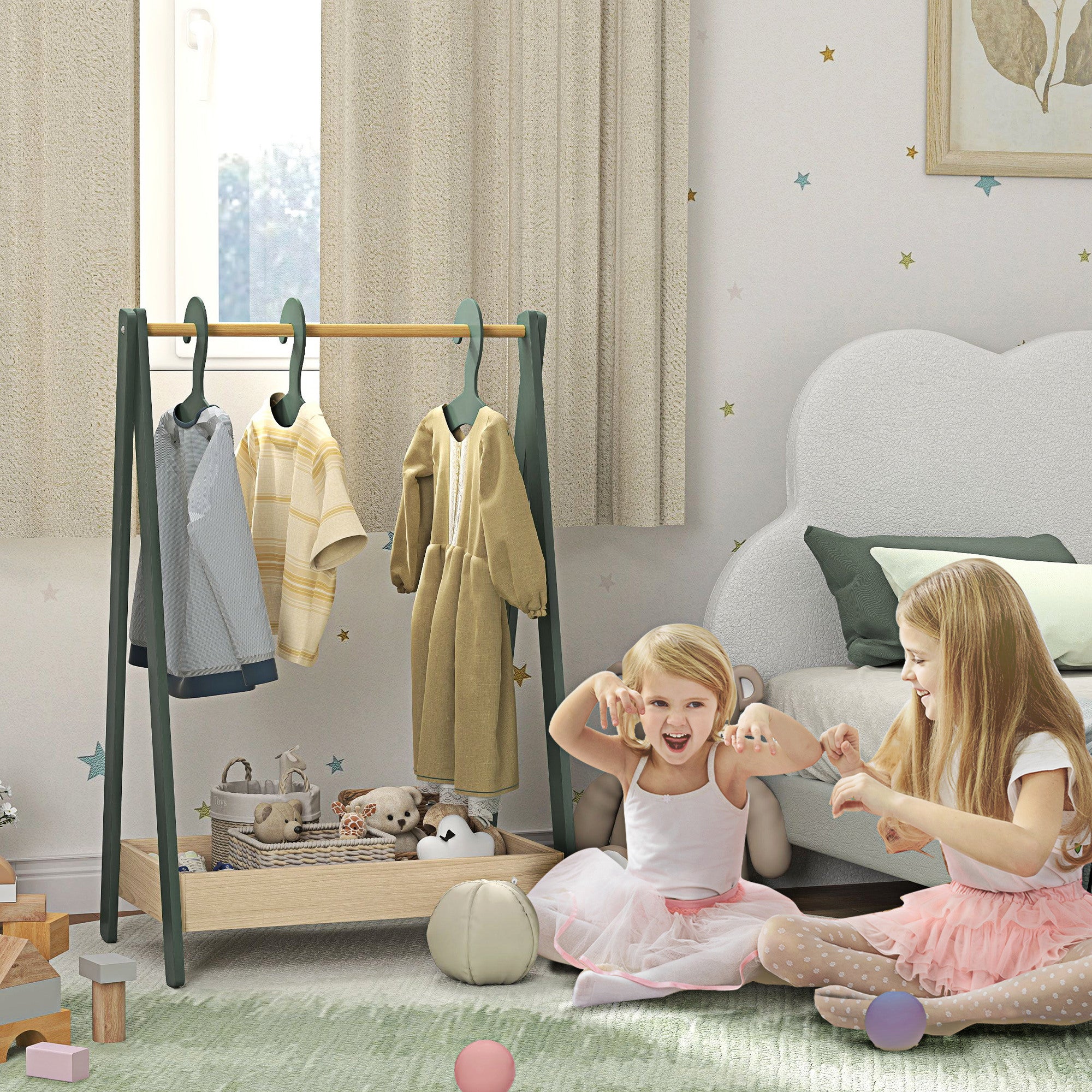AIYAPLAY Kids Clothes Rail with Hangers, Base Shelf for Girls, Boys, Green - Image 2