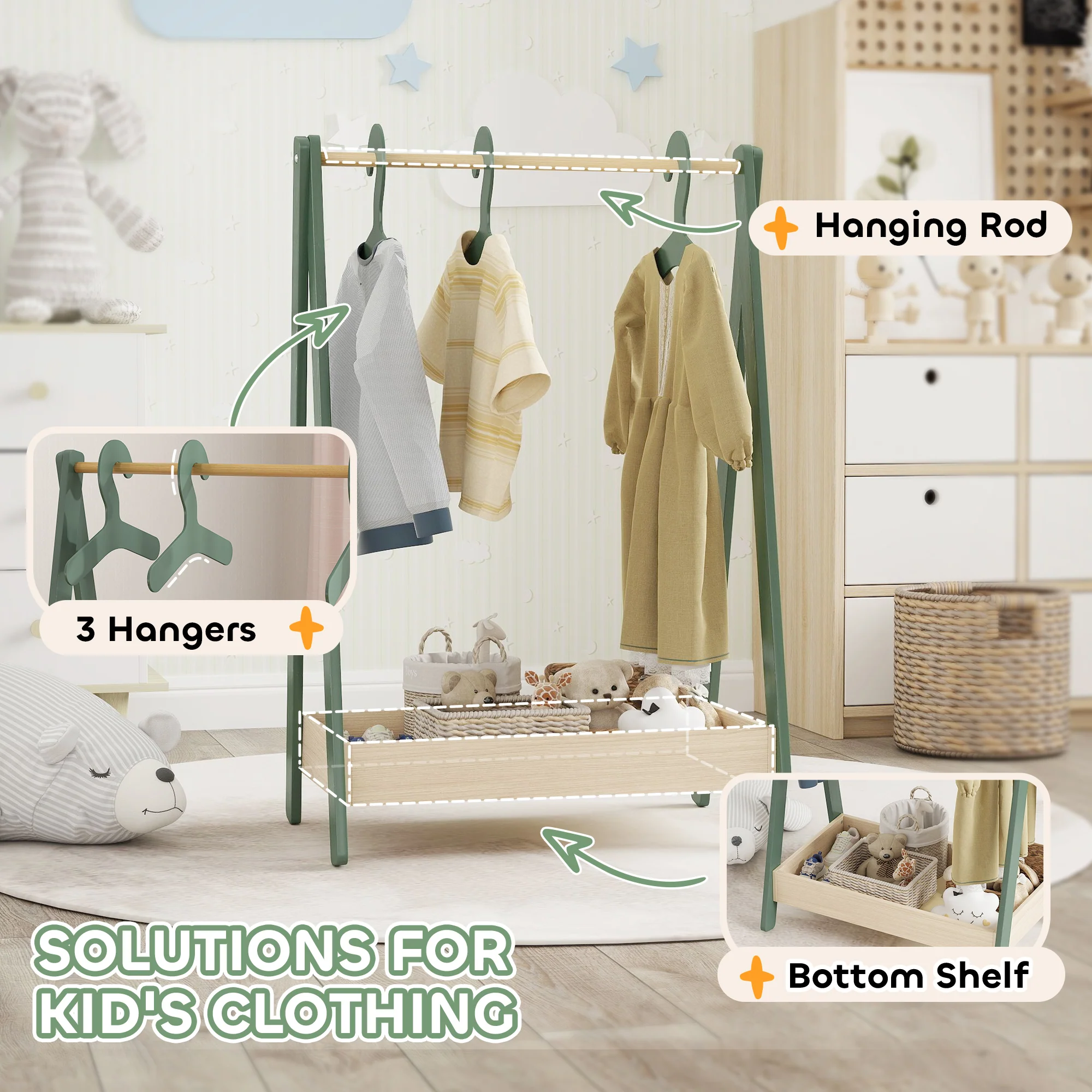AIYAPLAY Kids Clothes Rail with Hangers, Base Shelf for Girls, Boys, Green - Image 3