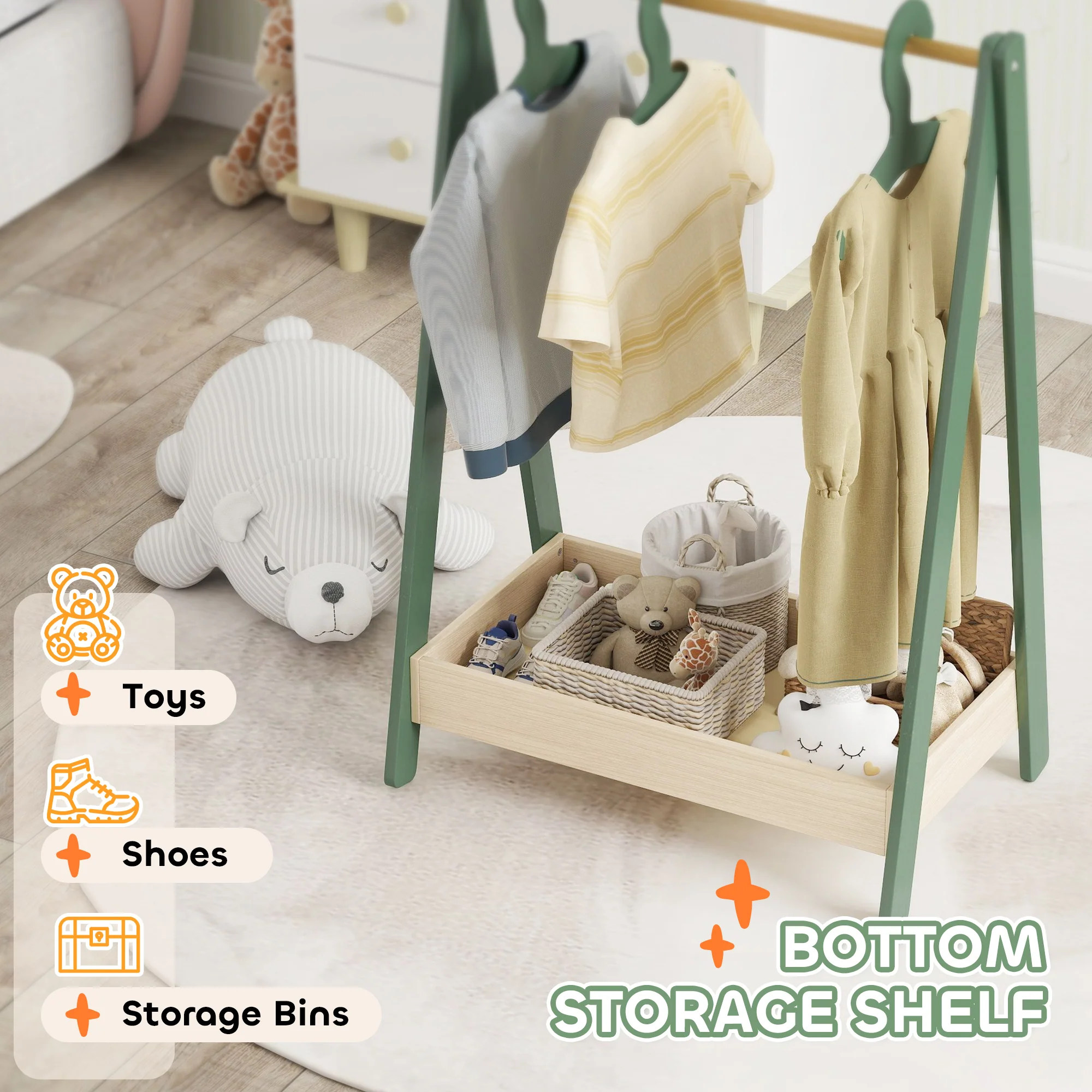 AIYAPLAY Kids Clothes Rail with Hangers, Base Shelf for Girls, Boys, Green - Image 4