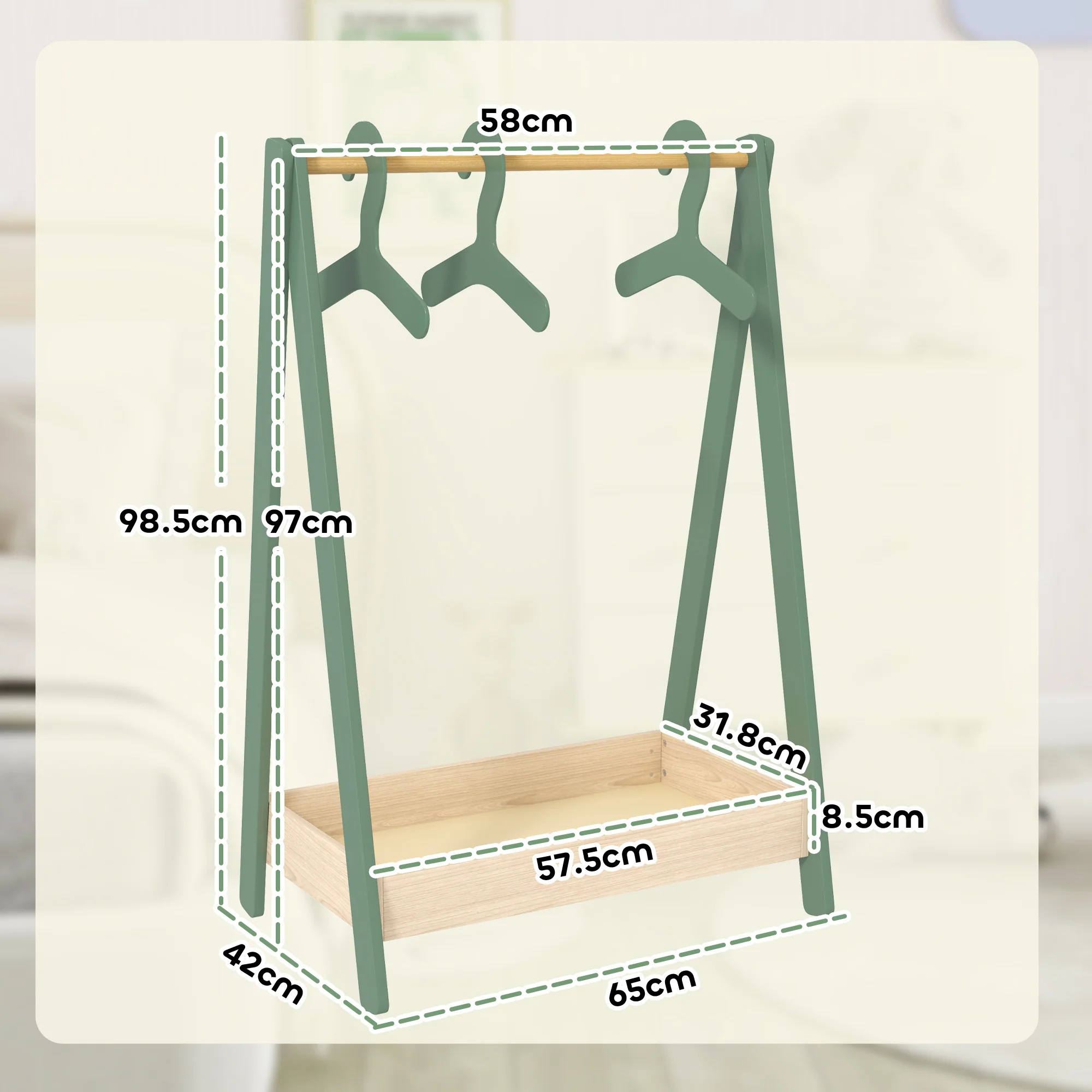 AIYAPLAY Kids Clothes Rail with Hangers, Base Shelf for Girls, Boys, Green - Image 5