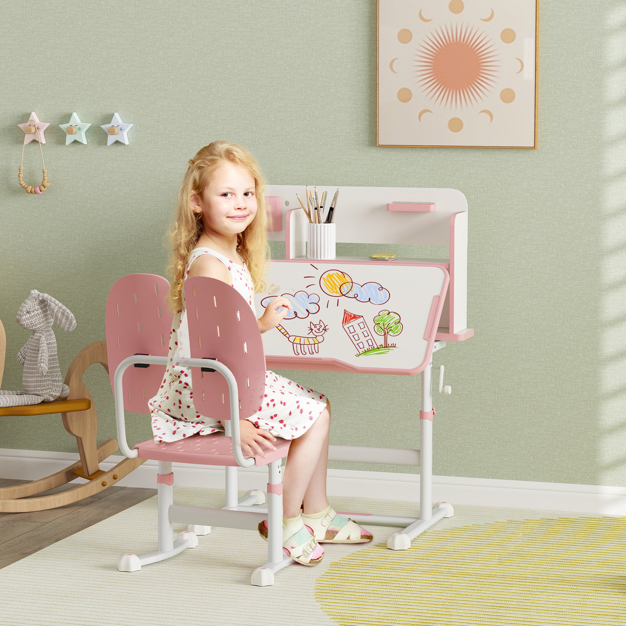 AIYAPLAY Kids Desk And Chair Set W/ Tiltable Desktop Reading Rack - Pink - Image 2