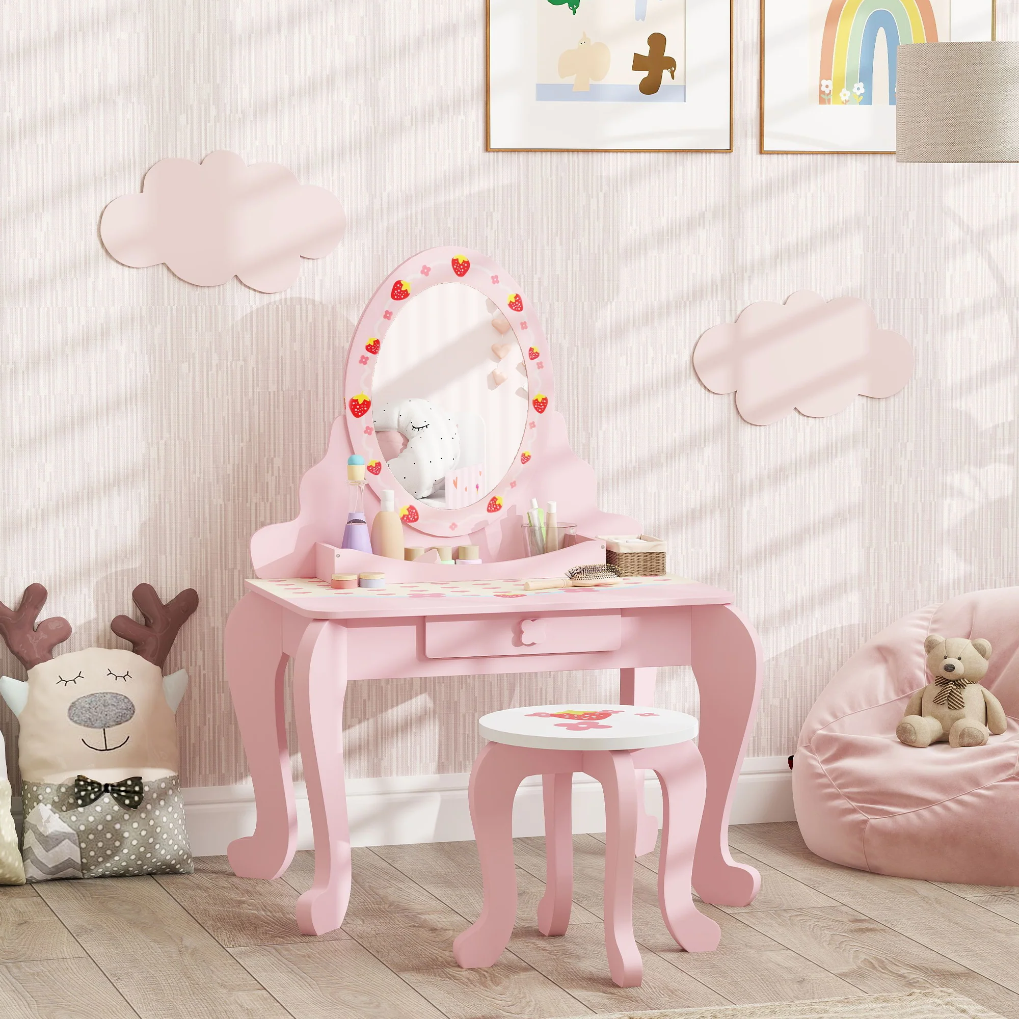 AIYAPLAY Kids Dressing Table Set, 2 PCS Children Vanity Table with Stool - Image 2