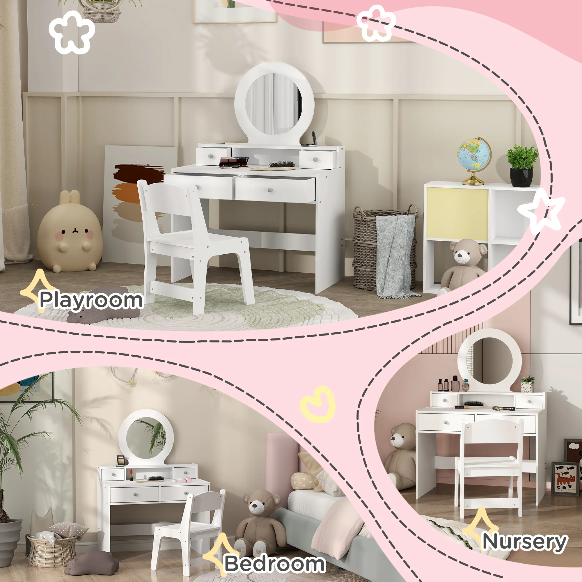 AIYAPLAY Kids Dressing Table Set W/ Stool, Mirror, Drawers - White - Image 7