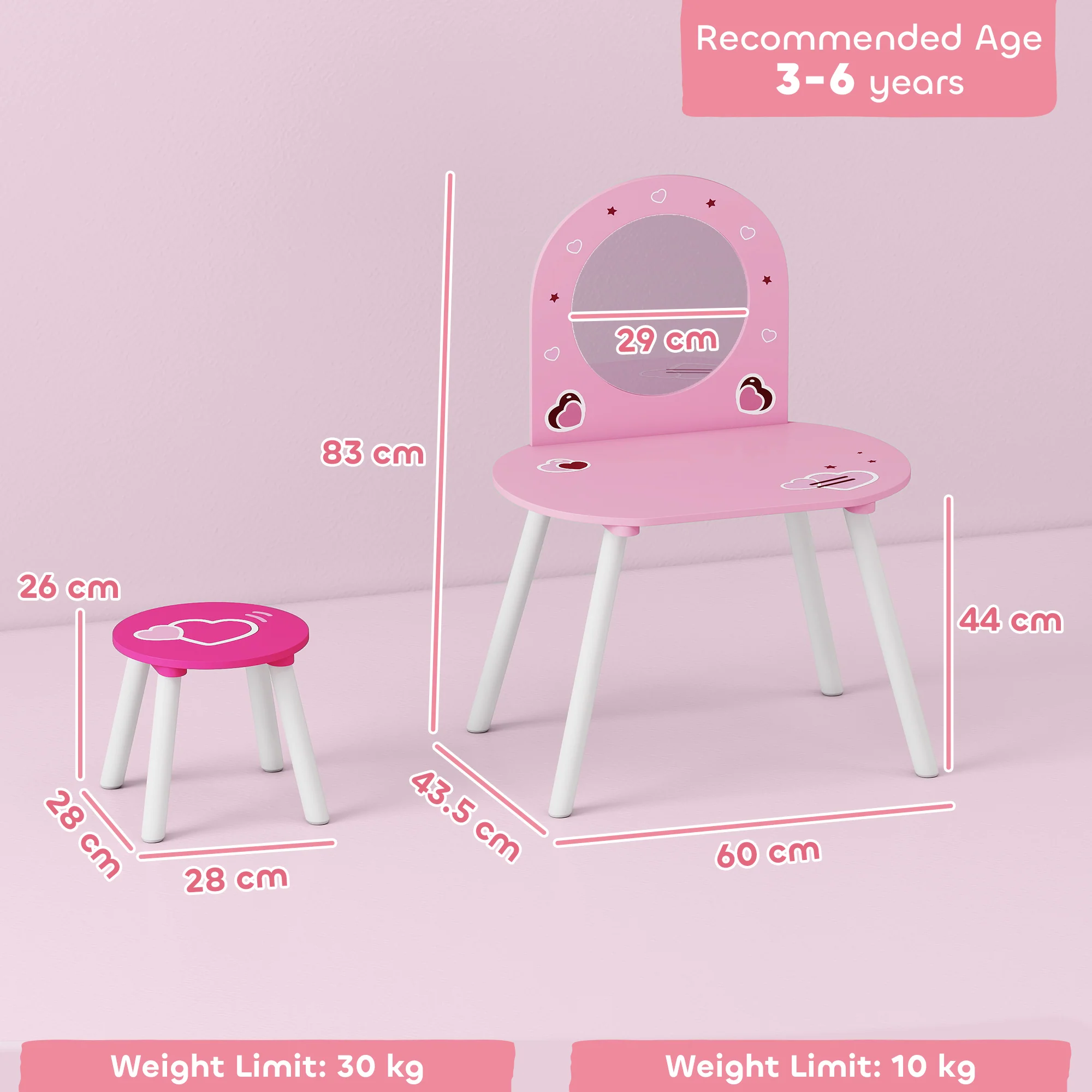 AIYAPLAY Kids Dressing Table With Mirror And Stool, Girls Vanity Set, Pink - Image 5