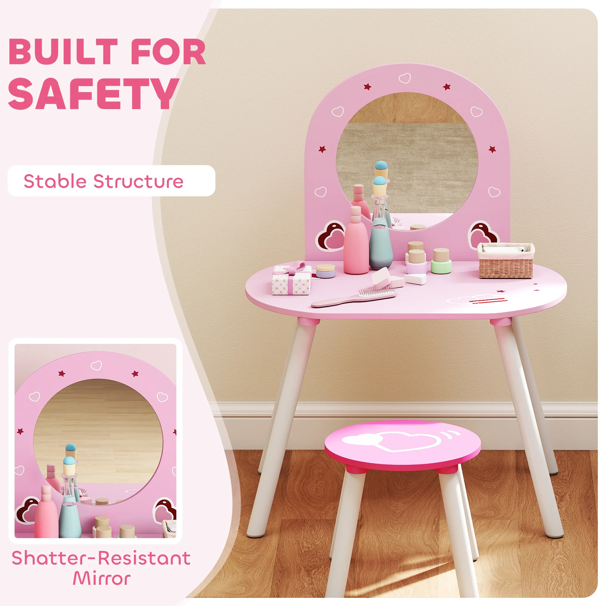 AIYAPLAY Kids Dressing Table With Mirror And Stool, Girls Vanity Set, Pink - Image 6