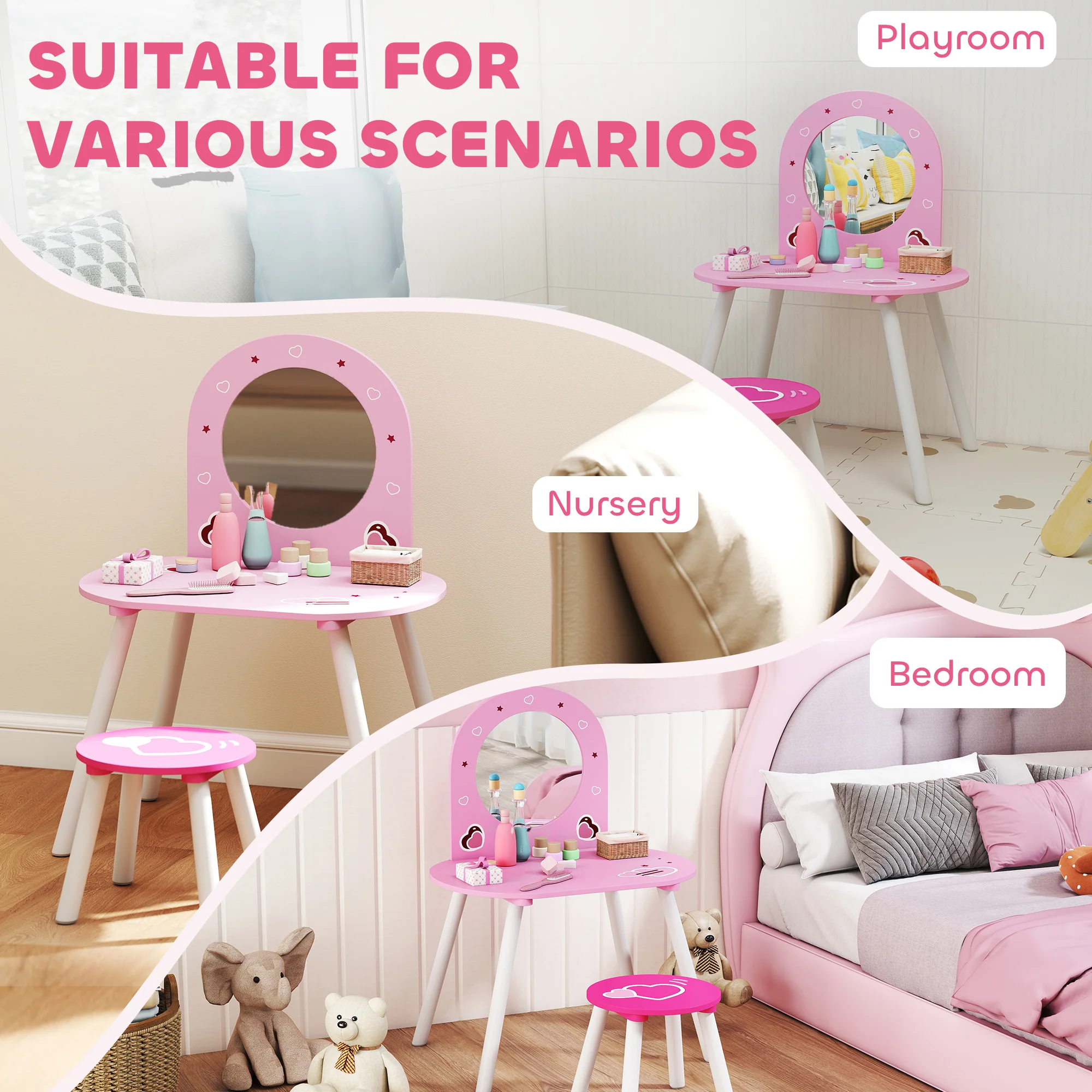 AIYAPLAY Kids Dressing Table With Mirror And Stool, Girls Vanity Set, Pink - Image 7