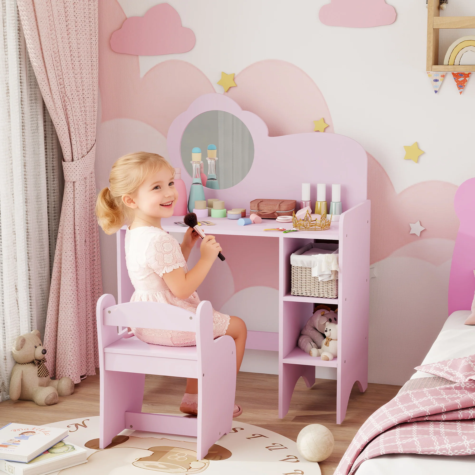 AIYAPLAY Kids Dressing Table With Mirror, Stool, Vanity Table, Purple - Image 2